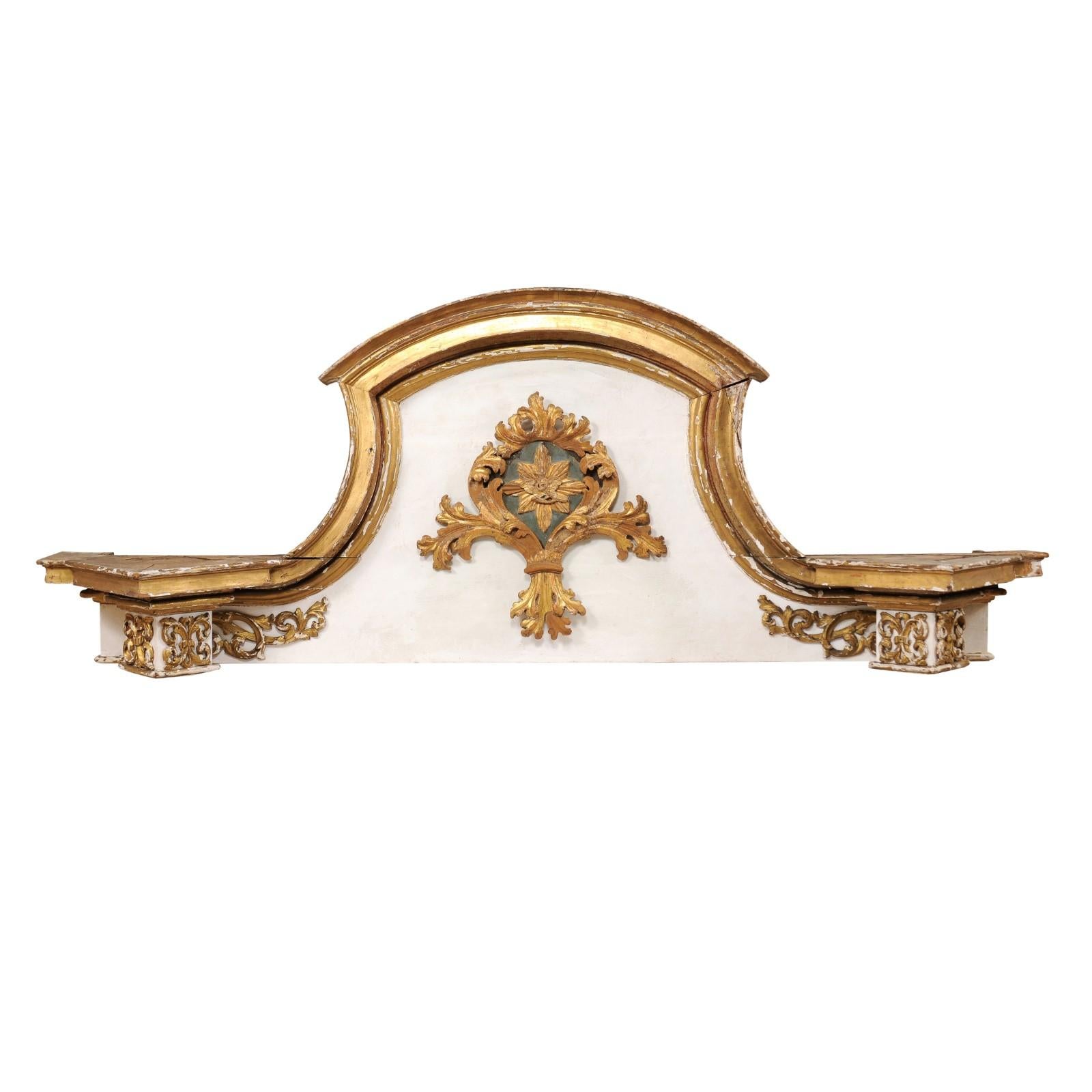 Impressive 18th Century Italian Carved, Gilded & Painted Wood Pediment Fragment For Sale