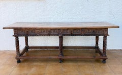 Impressive 18th Century Spanish Baroque Carved Walnut Wood Farm Table. 235 cm