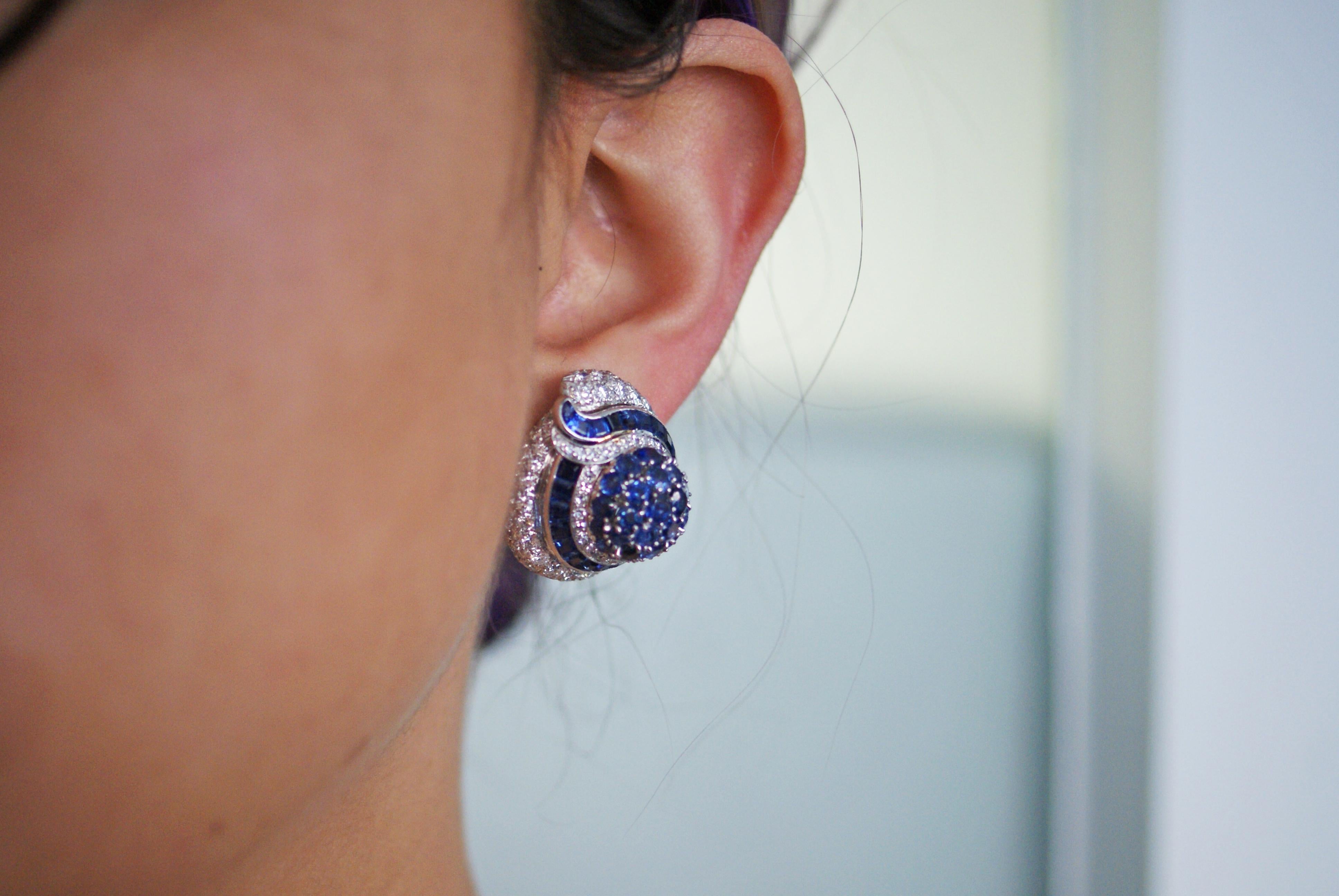 Women's or Men's Impressive 1960s Sapphire Diamond Platinum Bombe Ear Clips