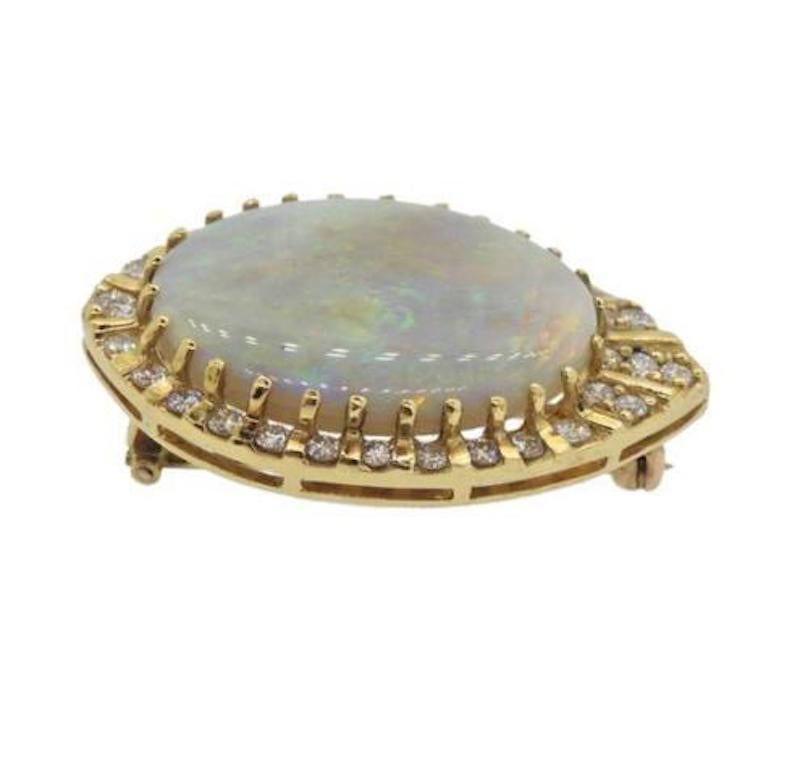 Retro Impressive 1970s 14 Karat Gold 29 Carat Opal VS Diamond Brooch Necklace Pendant For Sale