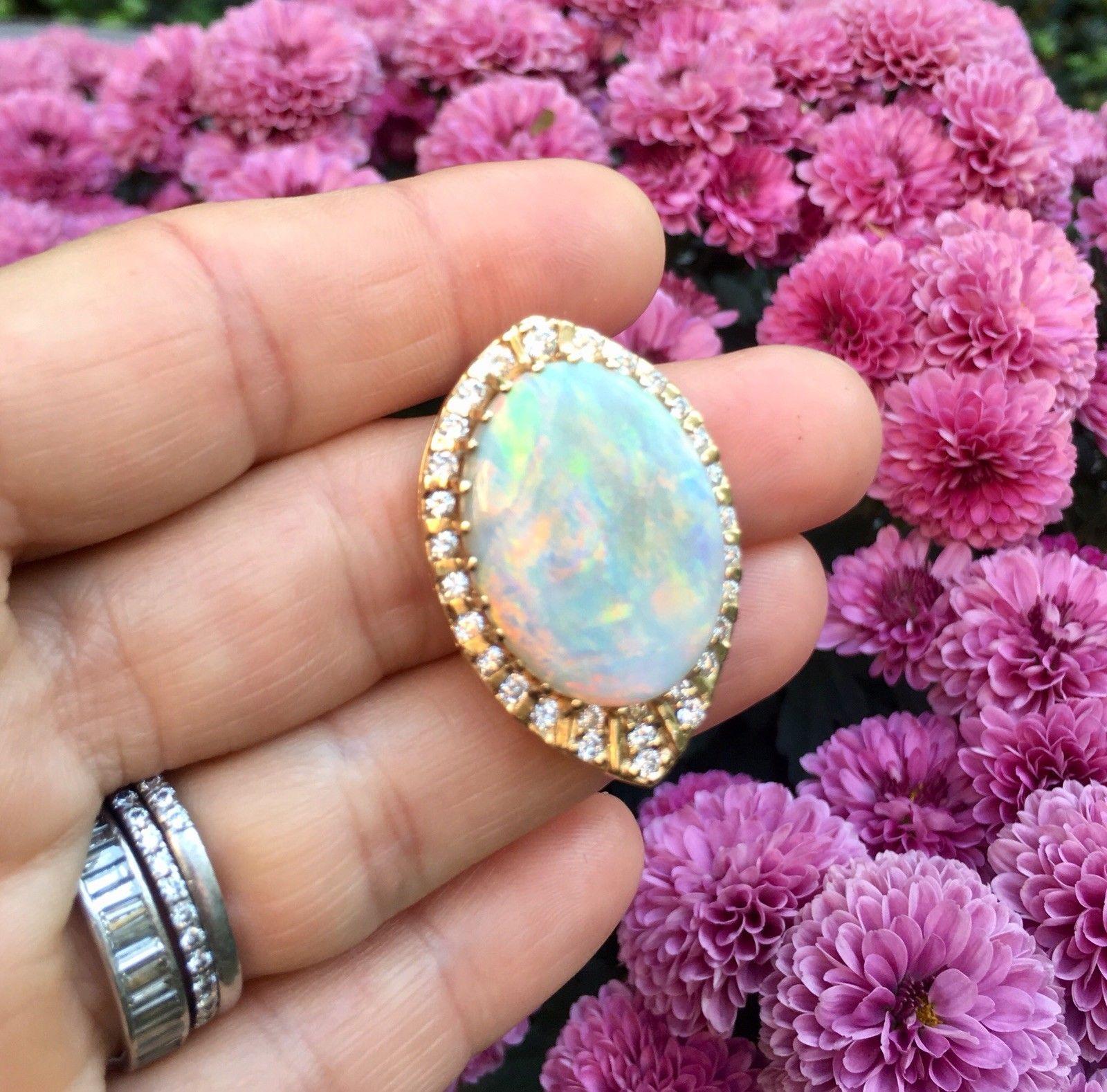 Impressive 1970s 14 Karat Gold 29 Carat Opal VS Diamond Brooch Necklace Pendant In Excellent Condition For Sale In Shaker Heights, OH