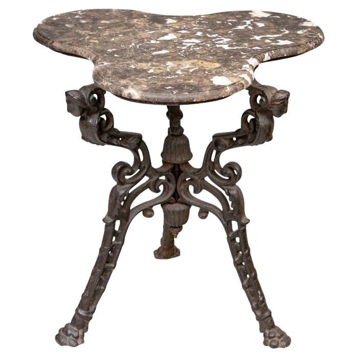 Impressive 19th C. Cast Wrought Iron Tripod Table With Marble Top For Sale