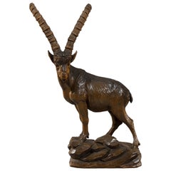 Impressive 19th Century Black Forest Wood Carving of an Ibex