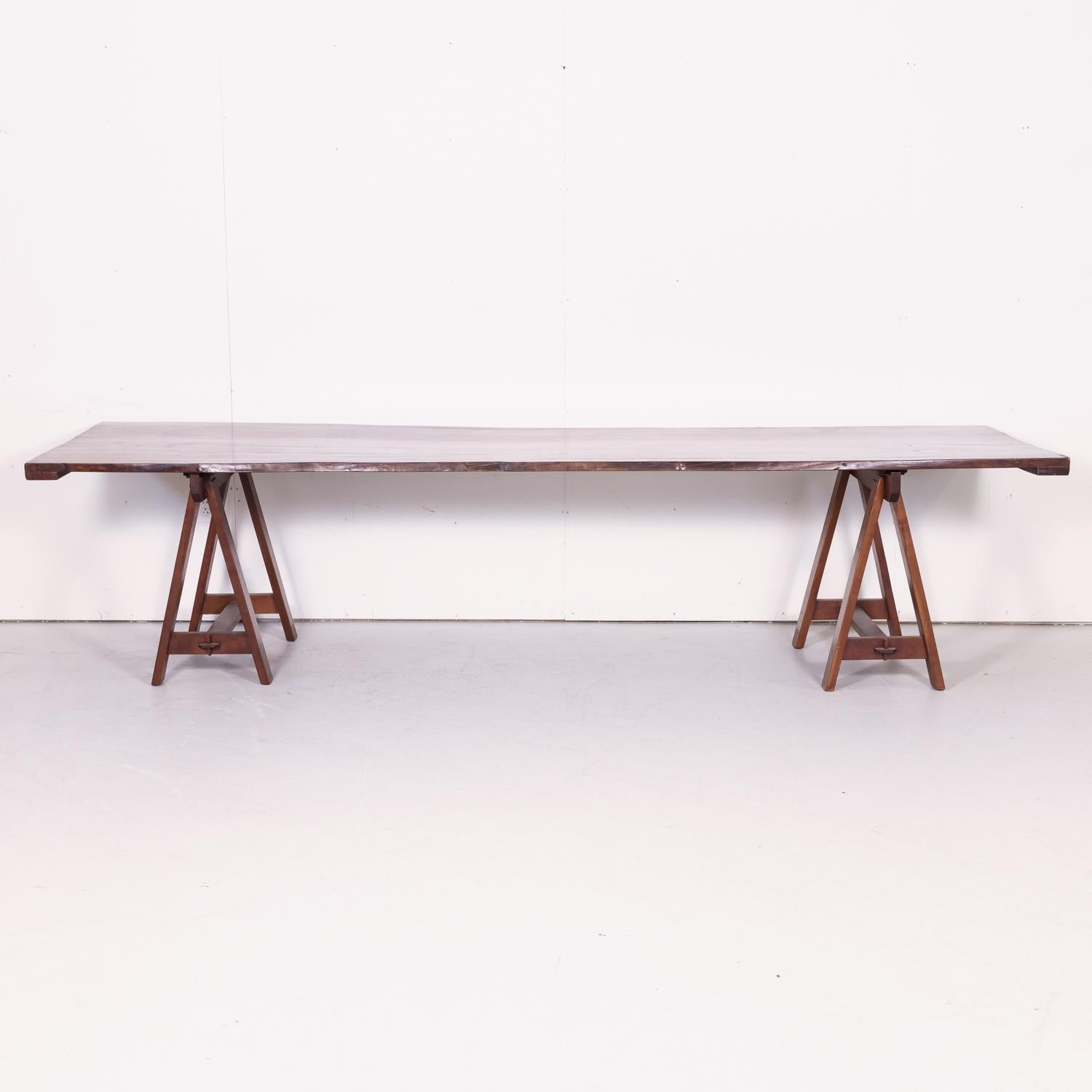 Trestle Table, made from Reclaimed 19th Century French Live Edge Cherrywood  In New Condition In Birmingham, AL