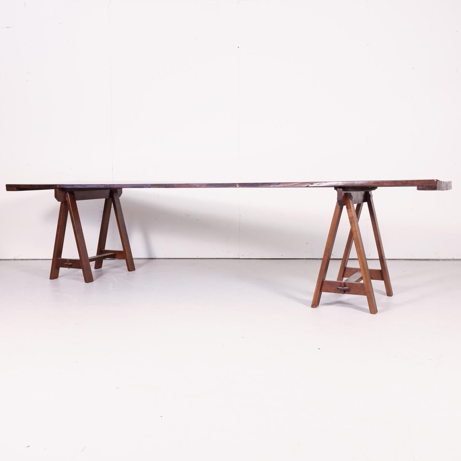 Contemporary Trestle Table, made from Reclaimed 19th Century French Live Edge Cherrywood 