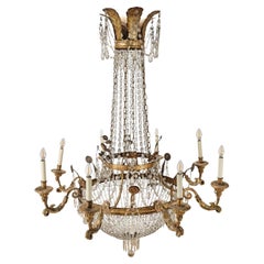 Antique Impressive 19th Century Italian Gilt Carved Wood and Cut Glass Chandelier 
