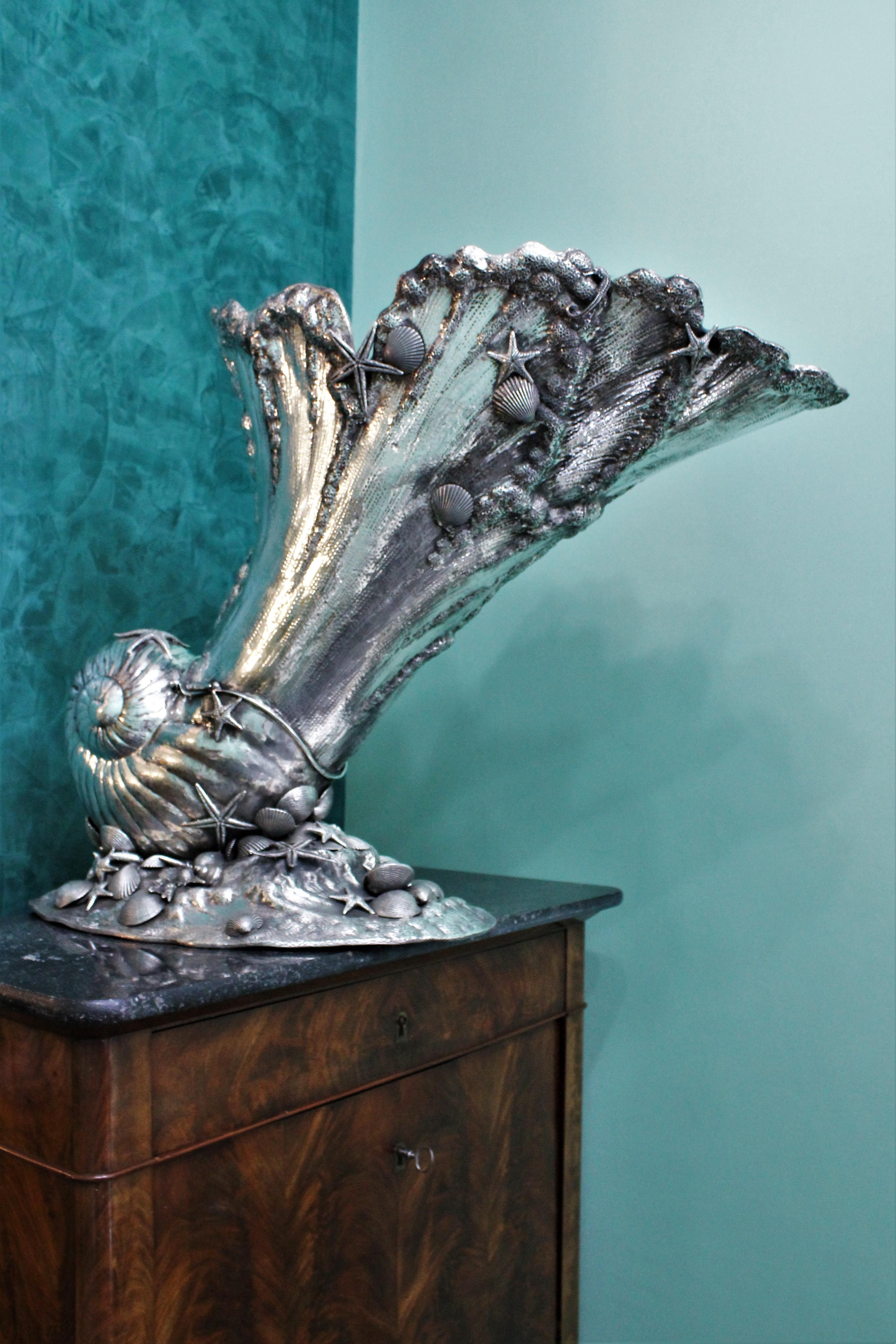 Impressive 20th Century Silver Marine Shell Cornucopia Sculpture Italy, 1930s For Sale 3