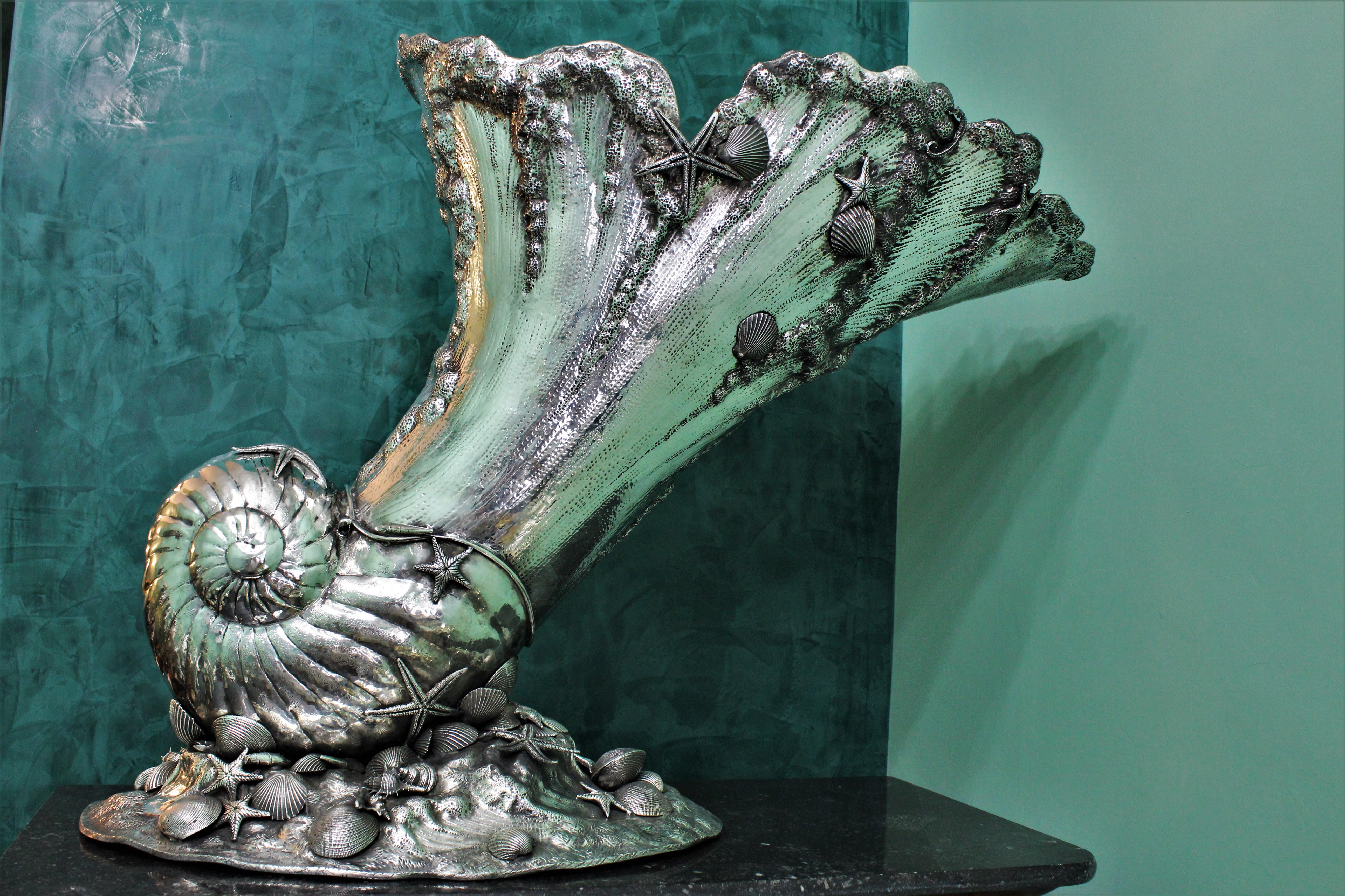Impressive 20th Century Silver Marine Shell Cornucopia Sculpture Italy, 1930s For Sale 7