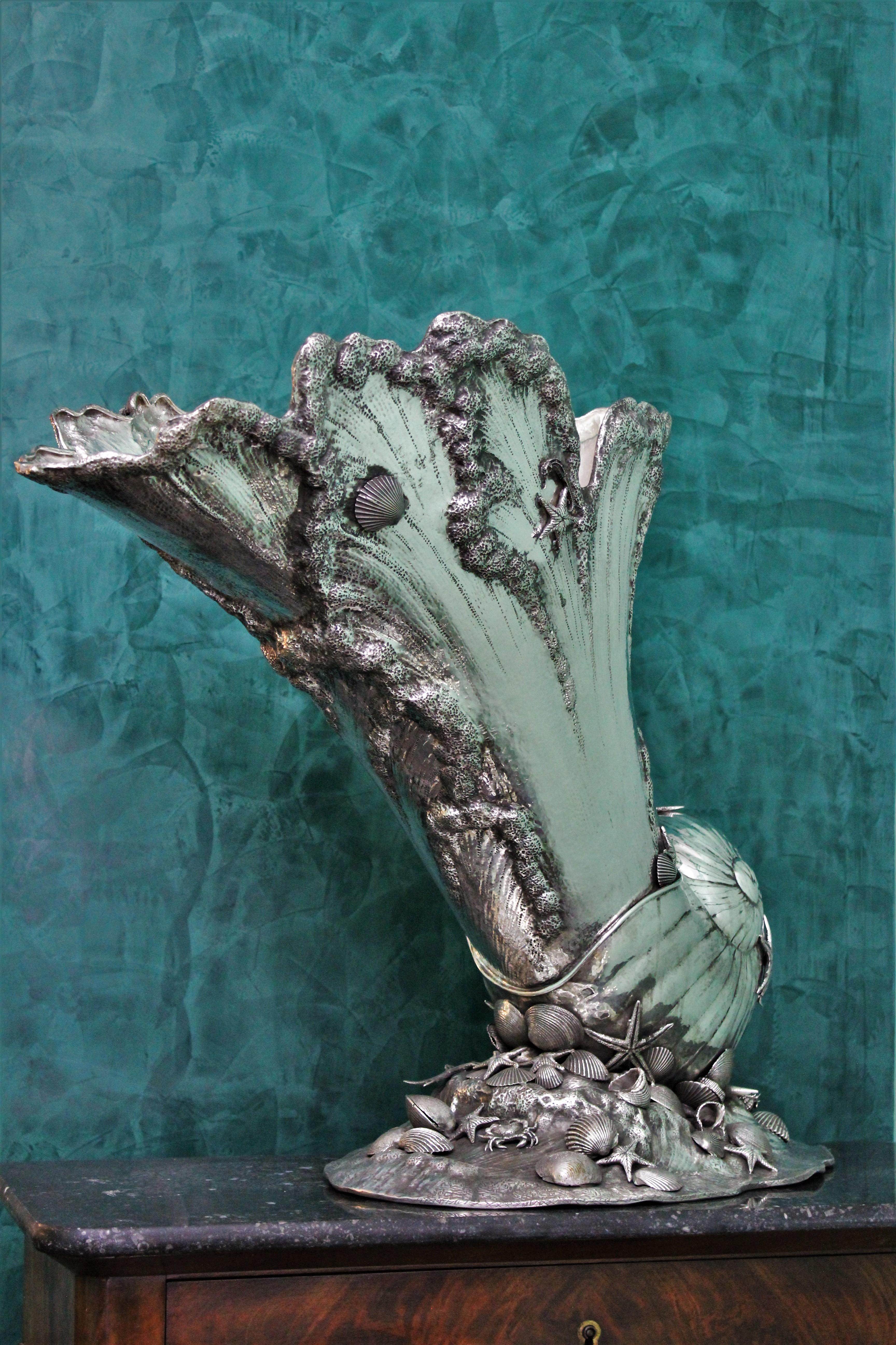 Embossed Impressive 20th Century Silver Marine Shell Cornucopia Sculpture Italy, 1930s For Sale