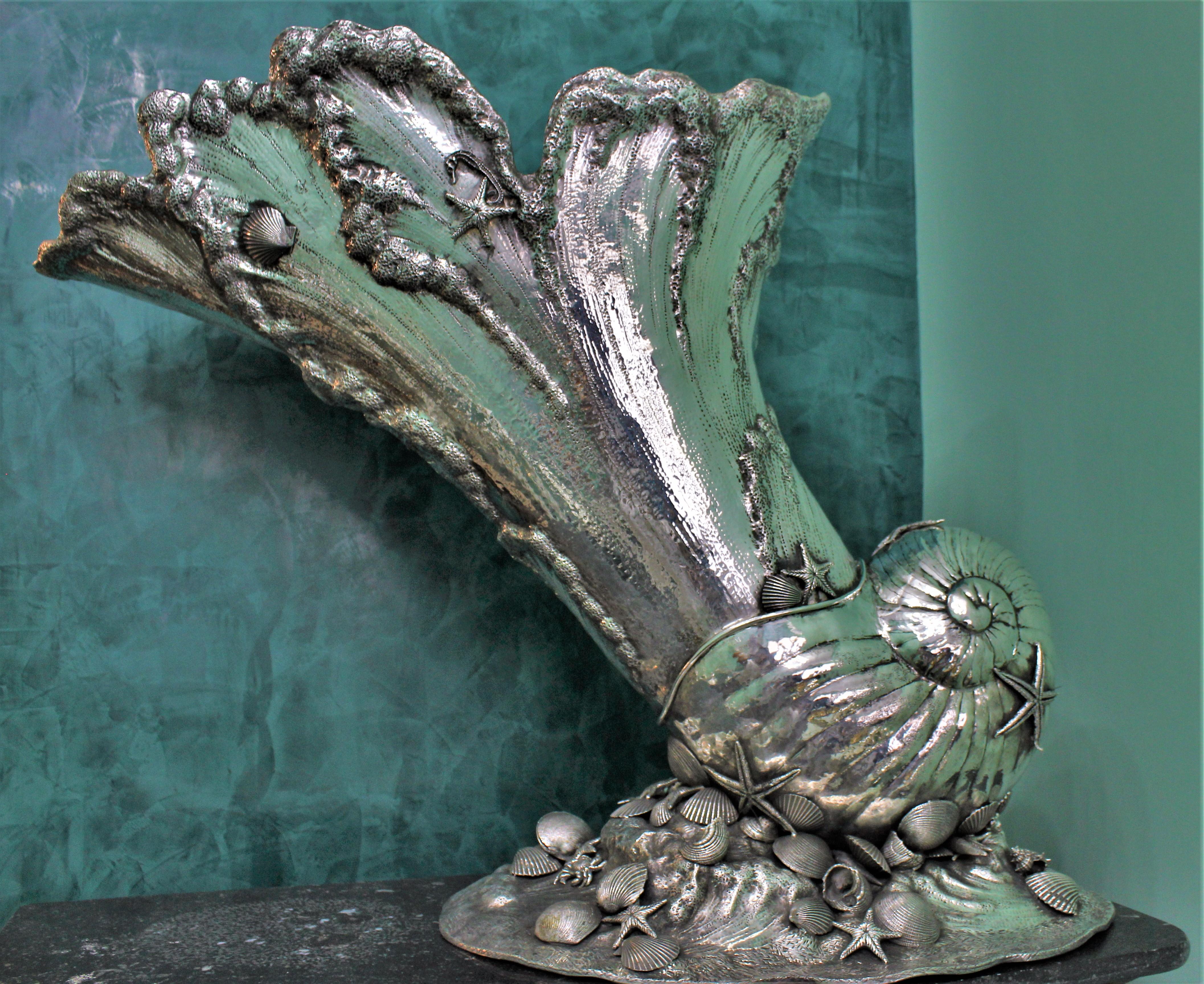 Impressive 20th Century Silver Marine Shell Cornucopia Sculpture Italy, 1930s In Good Condition For Sale In Florence, IT