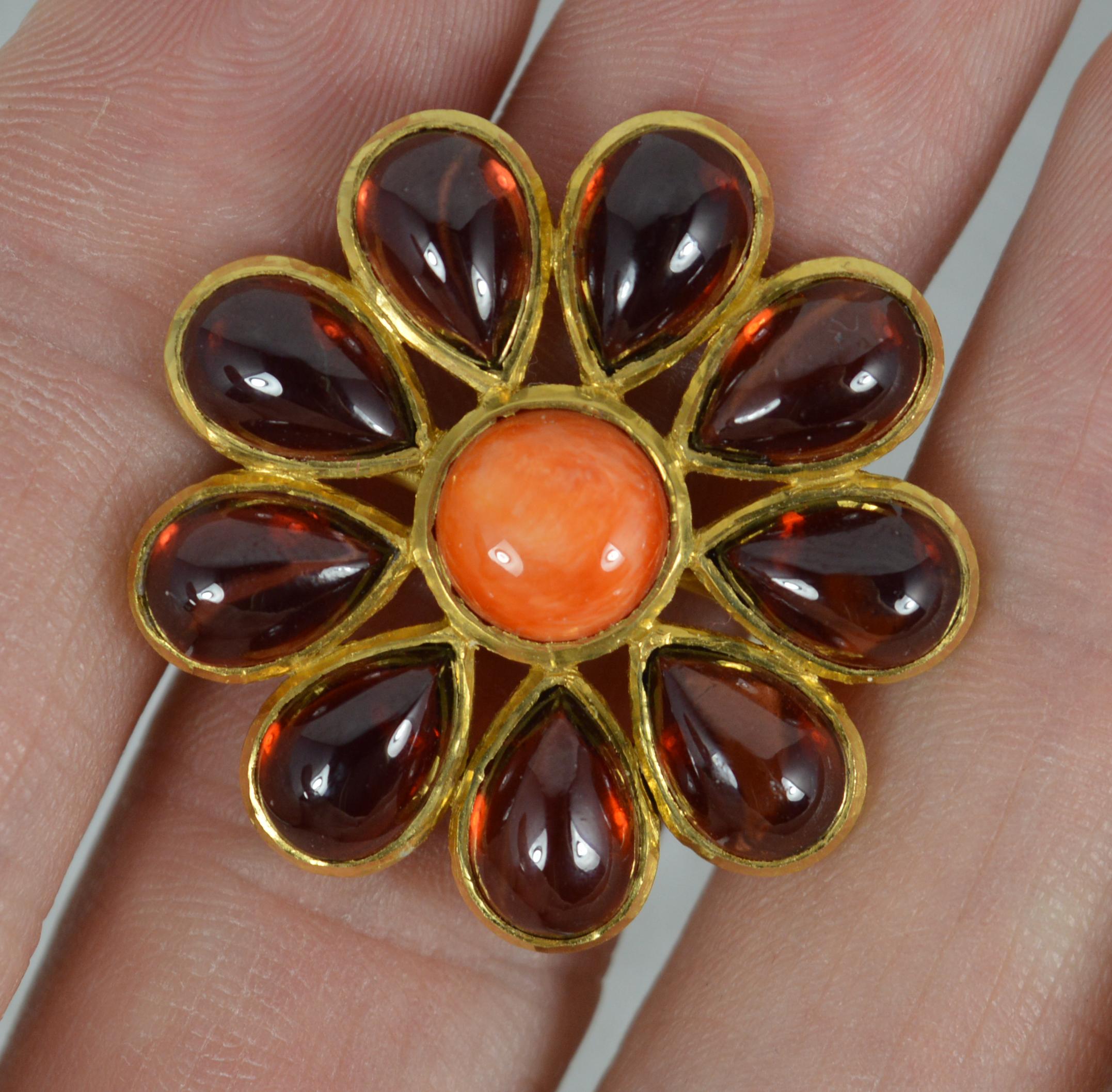 Impressive 22 Carat Gold Coral and Pear Garnet Cabochon Flower Cluster Ring For Sale 2