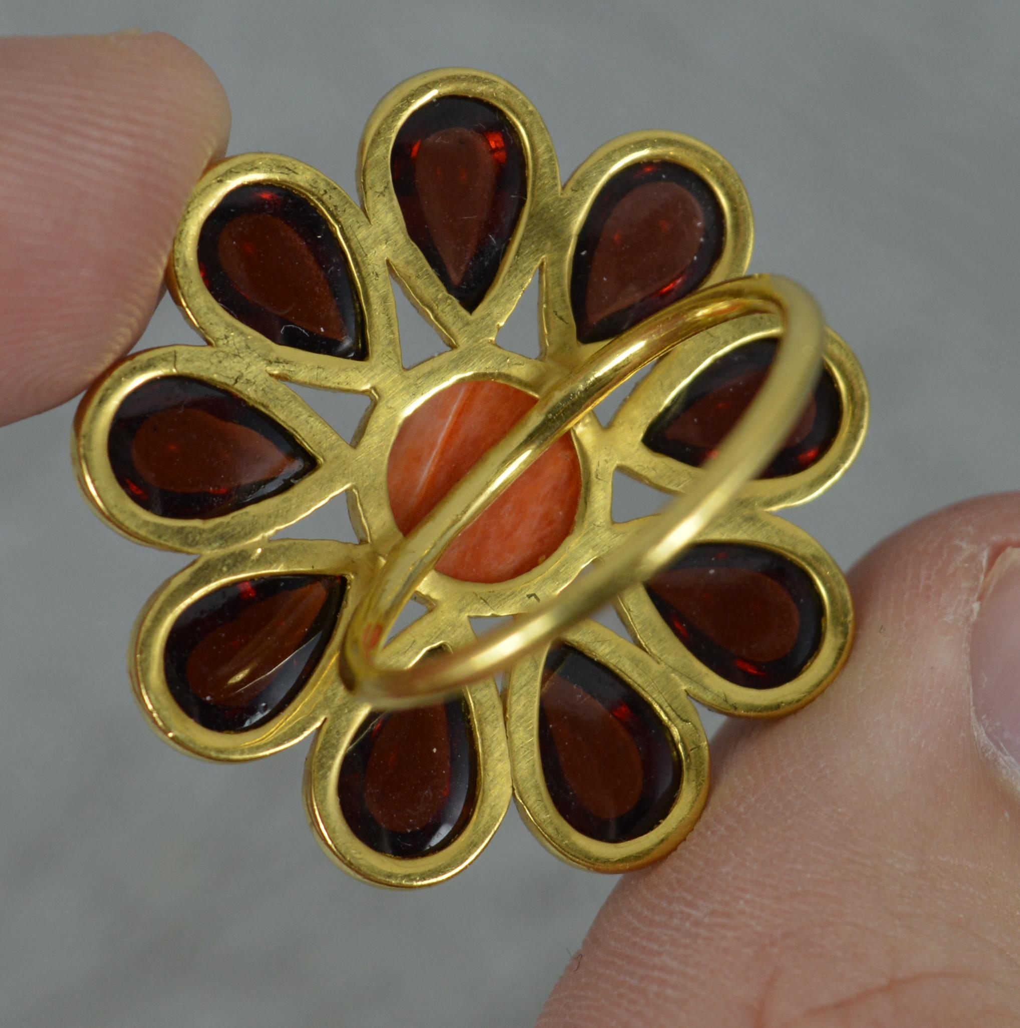 Pear Cut Impressive 22 Carat Gold Coral and Pear Garnet Cabochon Flower Cluster Ring