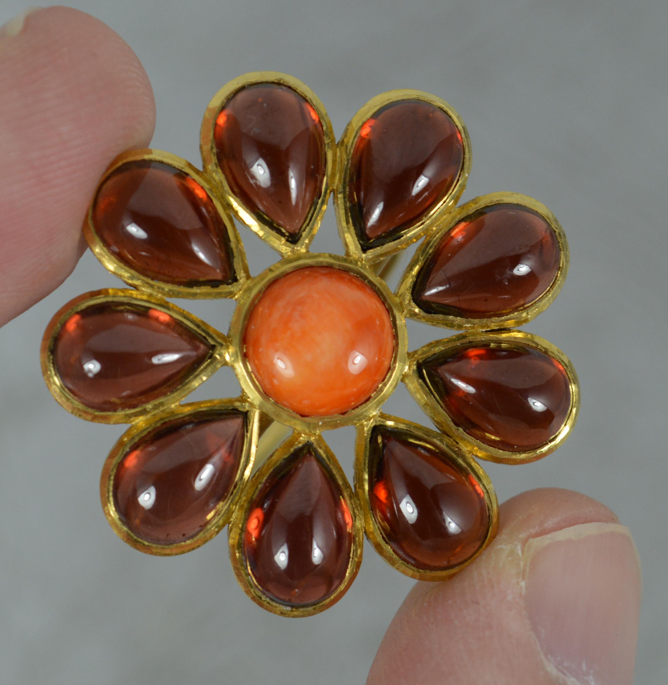 Impressive 22 Carat Gold Coral and Pear Garnet Cabochon Flower Cluster Ring In Good Condition For Sale In St Helens, GB