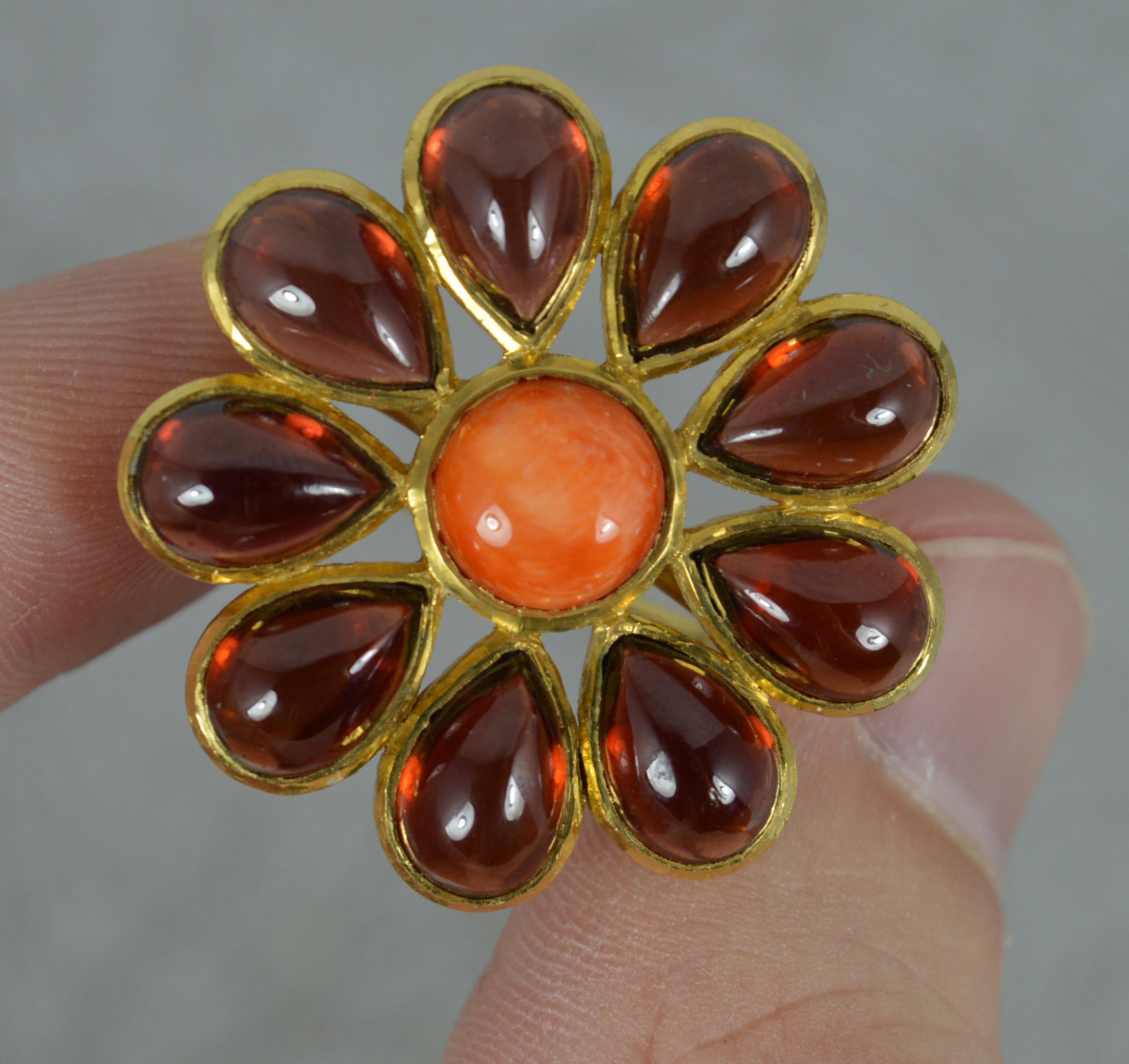Women's Impressive 22 Carat Gold Coral and Pear Garnet Cabochon Flower Cluster Ring
