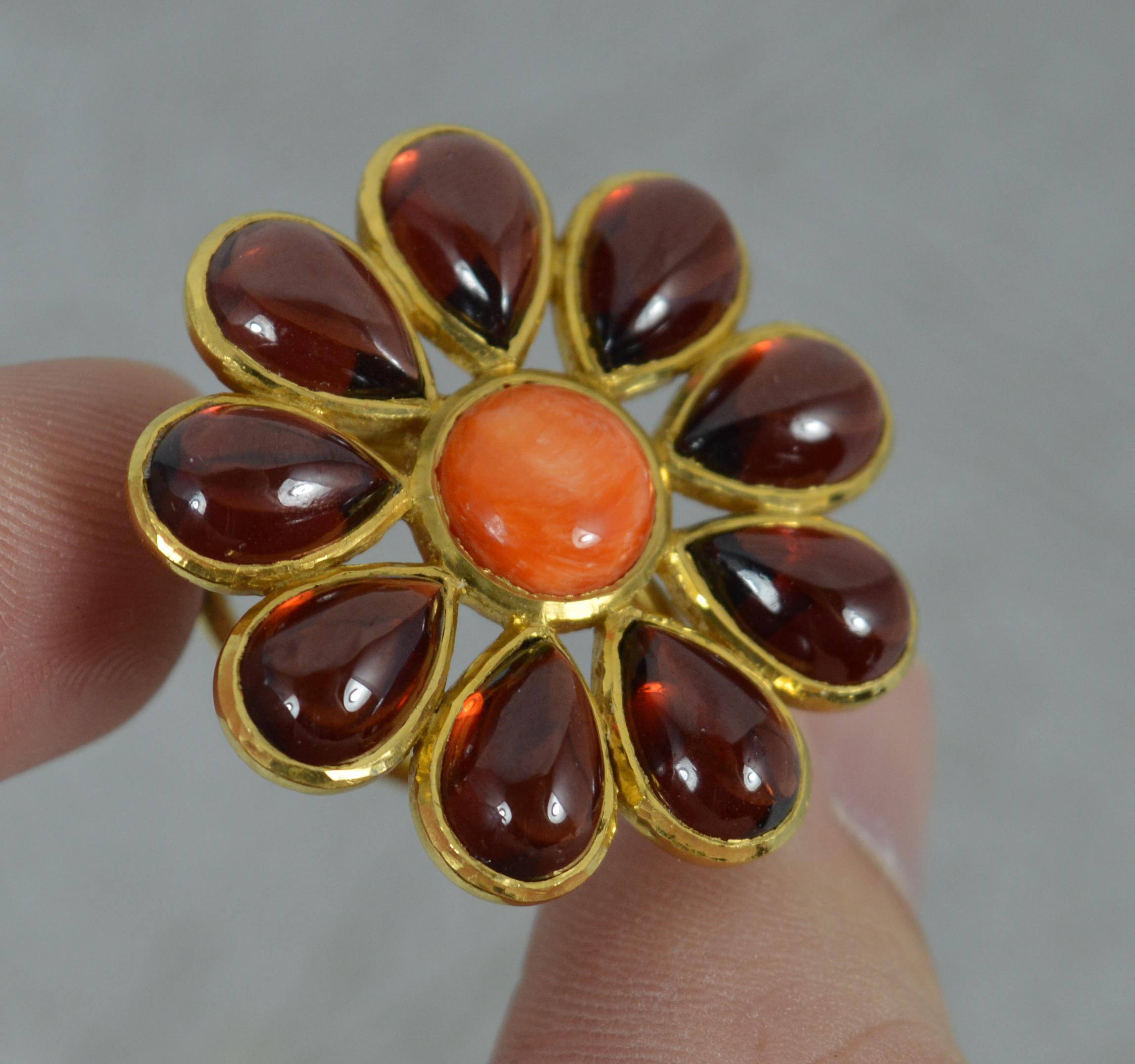 Impressive 22 Carat Gold Coral and Pear Garnet Cabochon Flower Cluster Ring For Sale 1