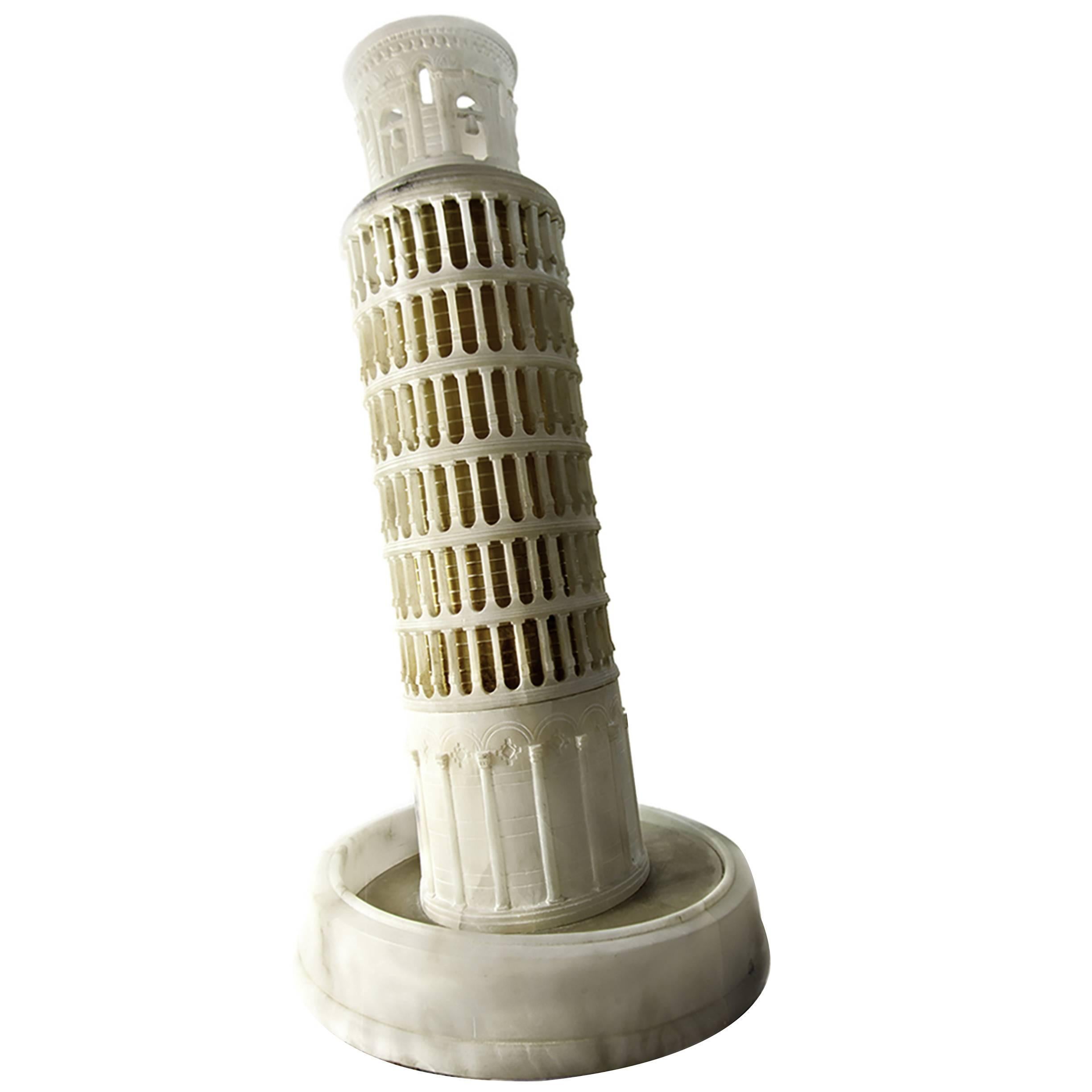 Impressive 23" early 20th c. alabaster Model of the Leaning Tower, Pisa For Sale