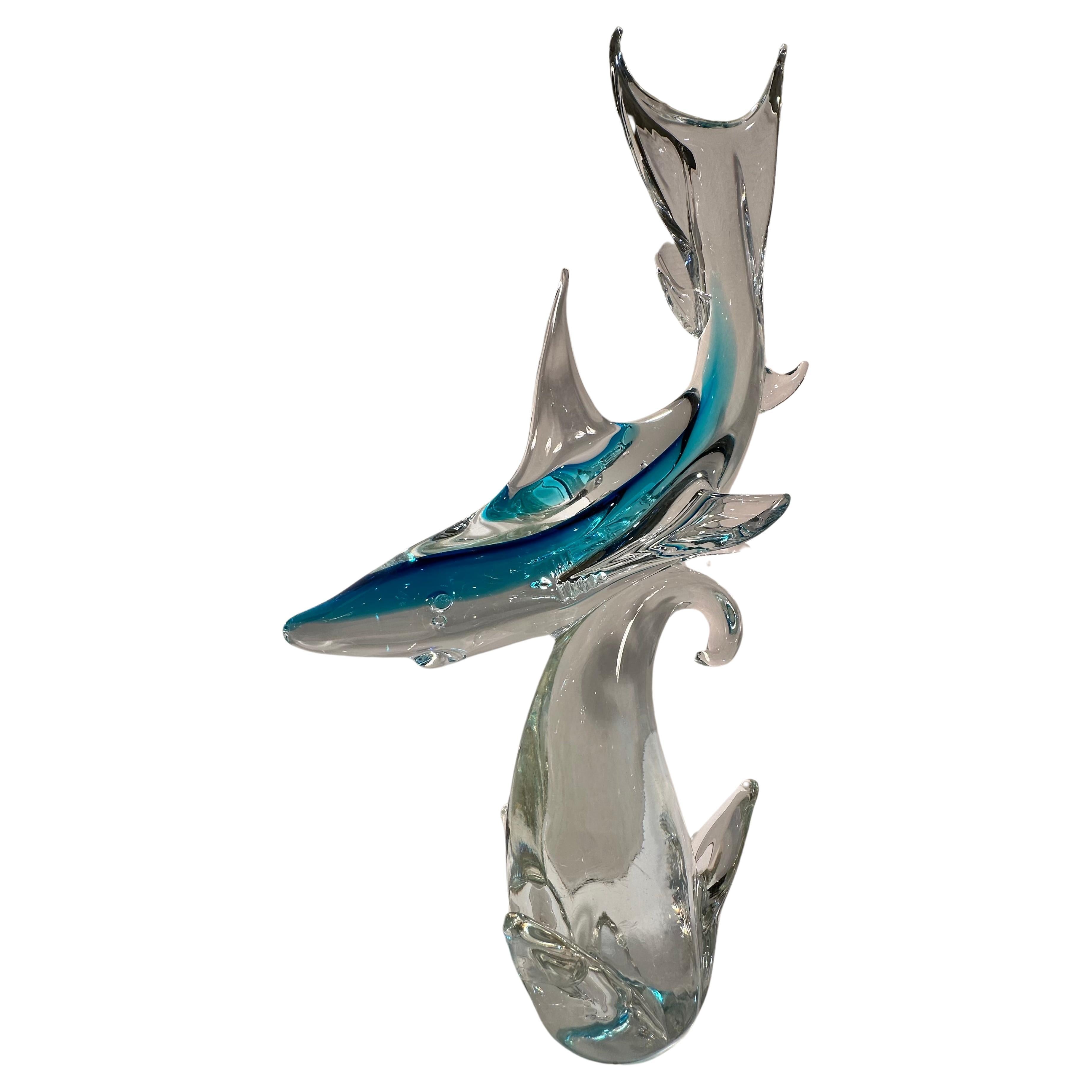 Impressive 25" Tall Murano Art Glass Caribbean Blue Shark on a Wave Figurine For Sale