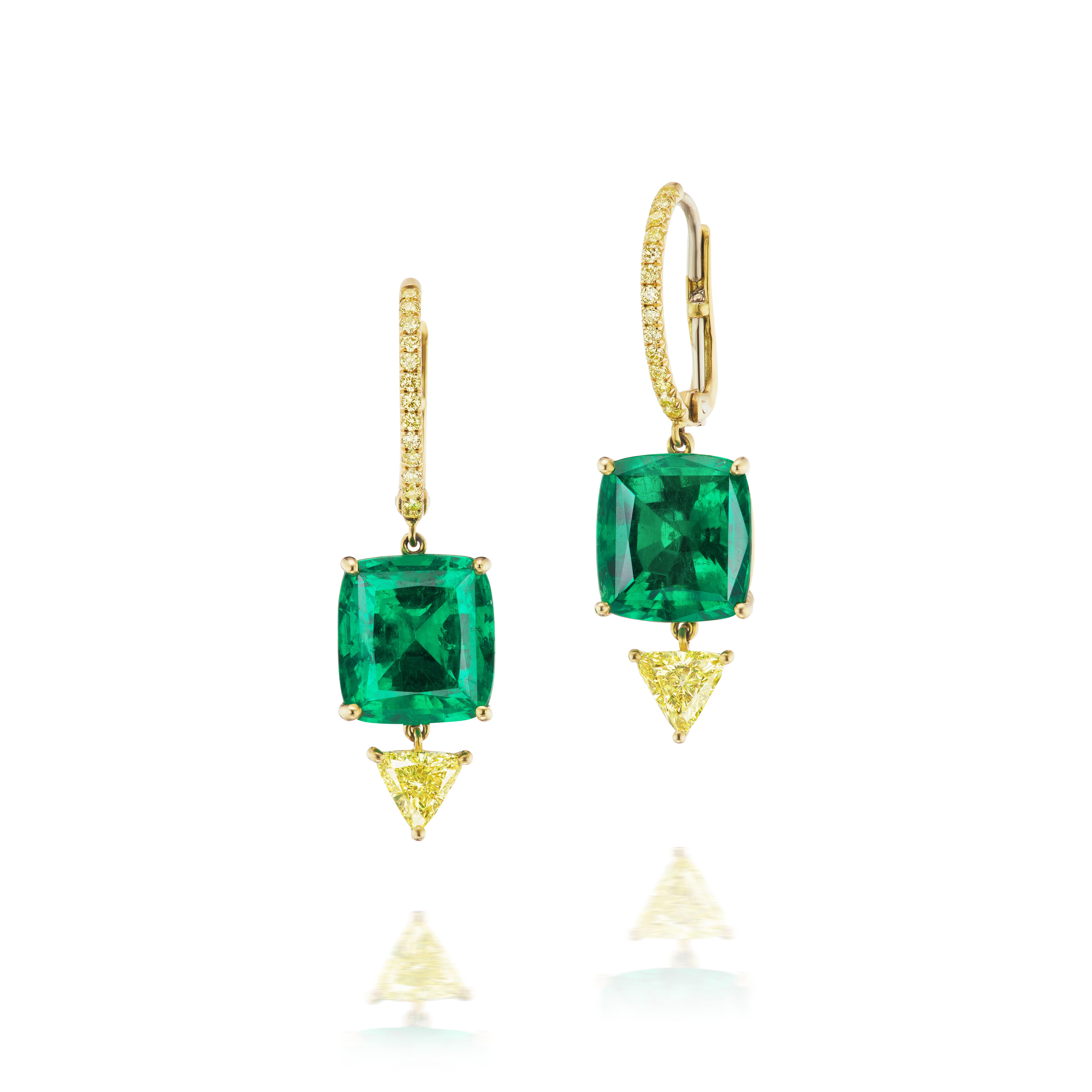Cushion Cut 4 Carat Each Colombian Emerald and Yellow Diamond 18K Gold Earrings