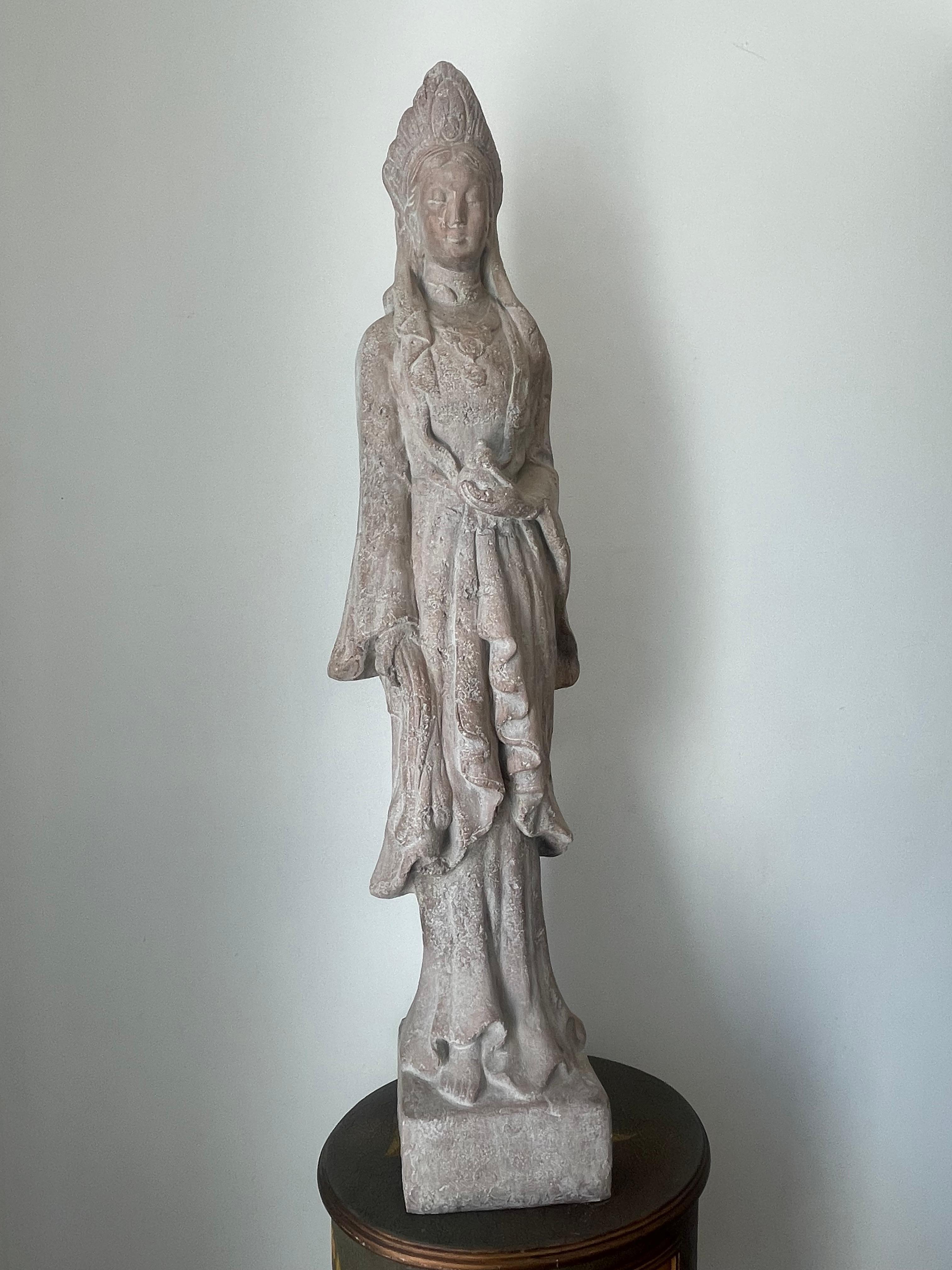 Chinoiserie Graceful 53” Quan  Yin Terracotta Sculpture Buggha of Compassion For Sale