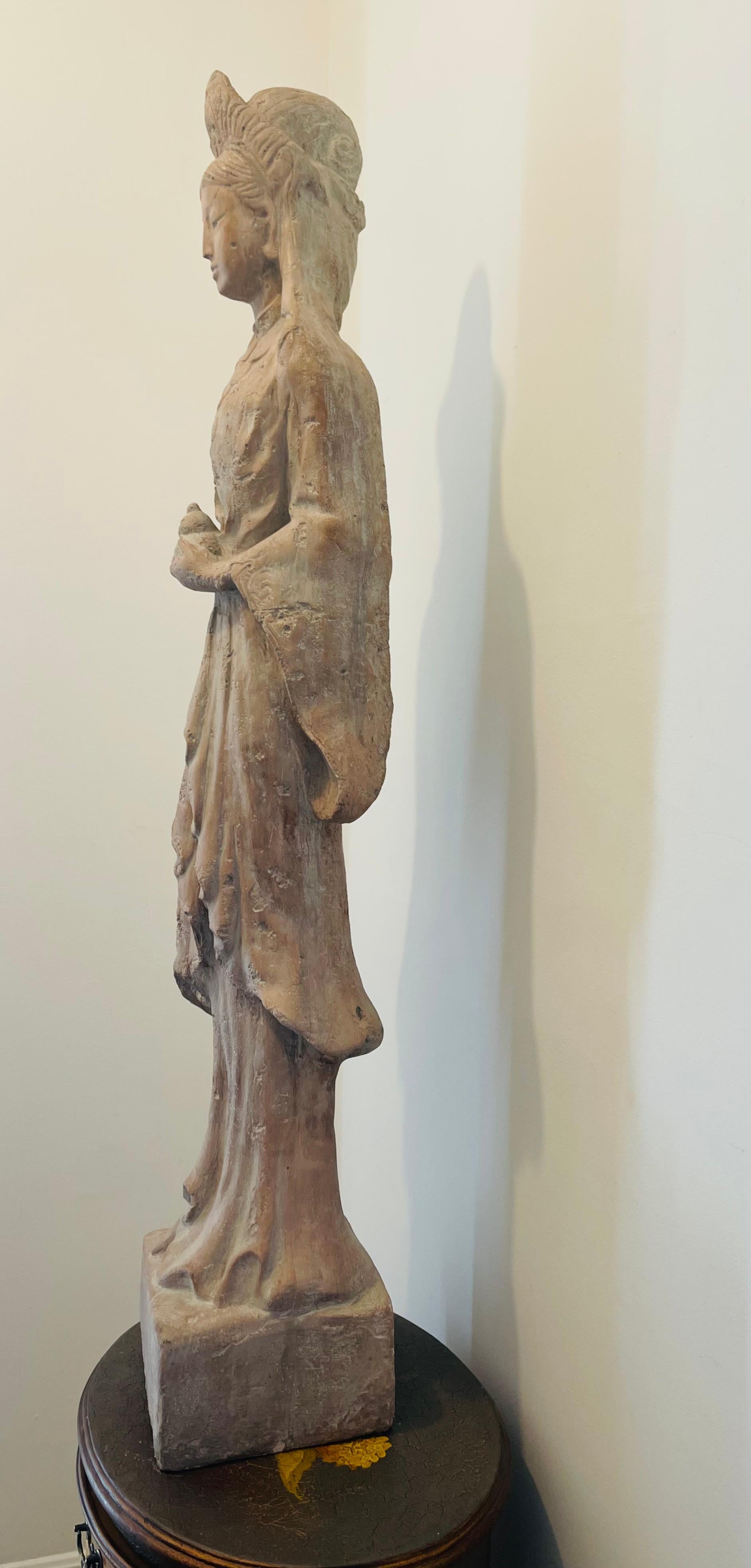 Graceful 53” Quan  Yin Terracotta Sculpture Buggha of Compassion For Sale 1
