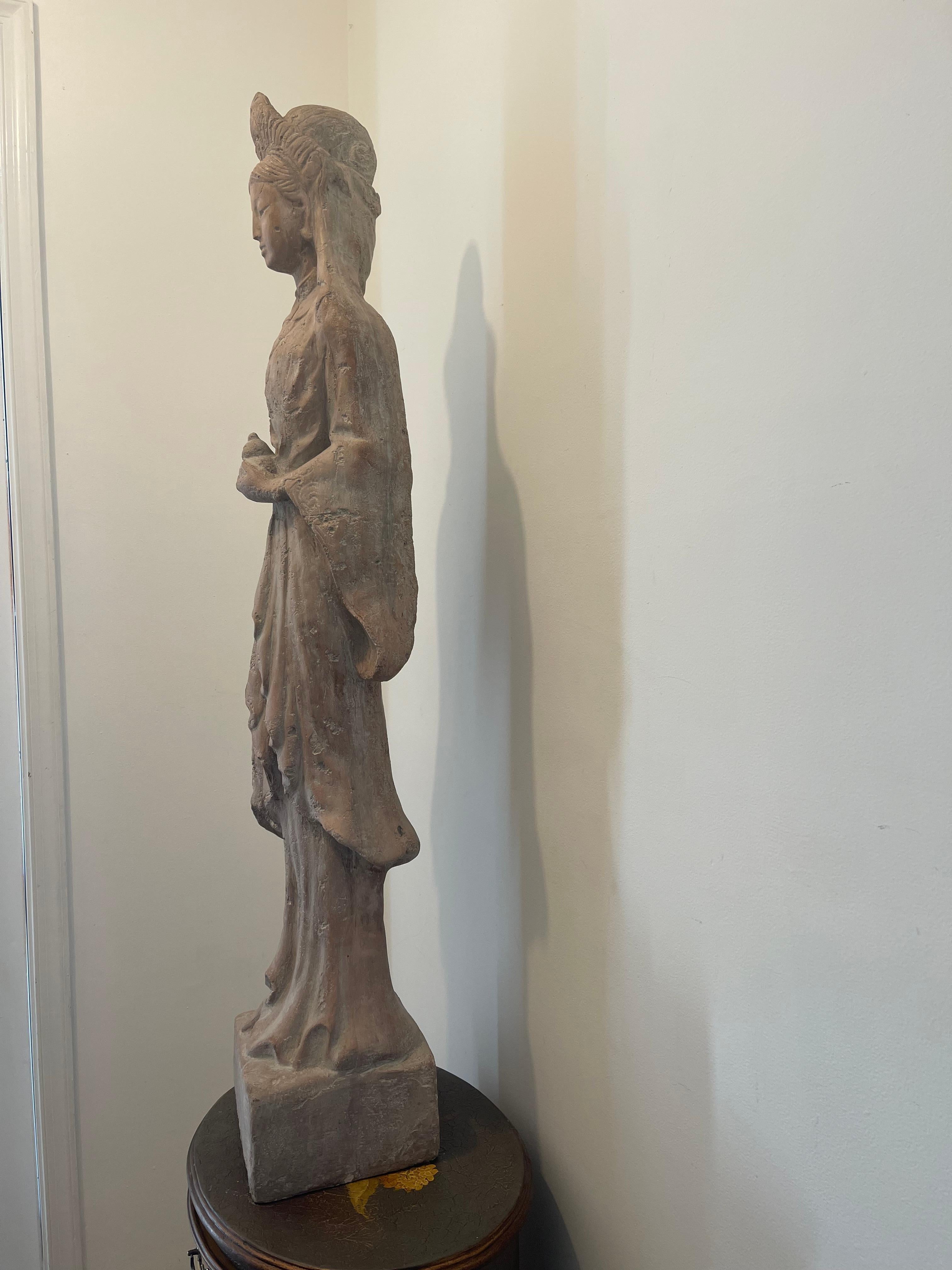 Graceful 53” Quan  Yin Terracotta Sculpture Buggha of Compassion For Sale 3