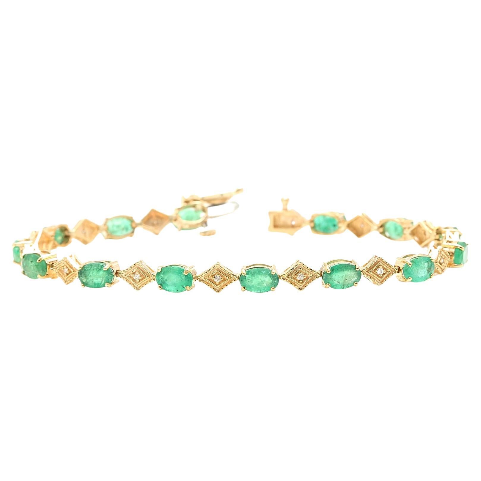 Impressive 9.15 Carats Natural Emerald & Diamond 14K Solid Yellow Gold Bracelet