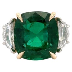 Impressionnante bague à trois pierres avec émeraude de Zambie certifiée GIA, 12,62 carats poids total