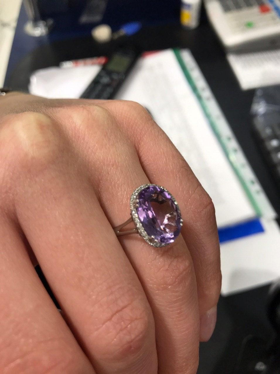 For Sale:  Impressive Amethyst Diamond White Gold Ring 5