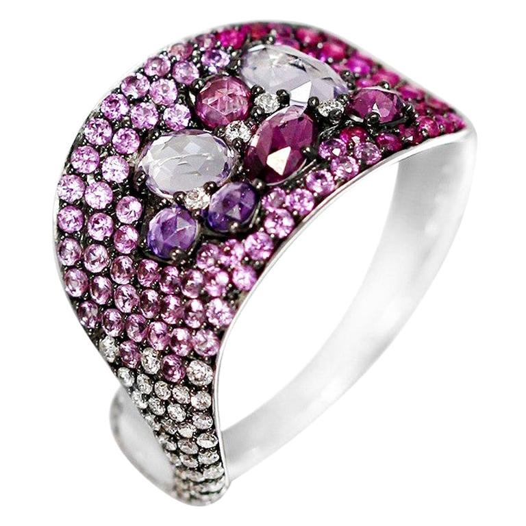 Beeindruckender Ring aus Weißgold mit Amethyst, rosa Saphir, Granat und Diamant