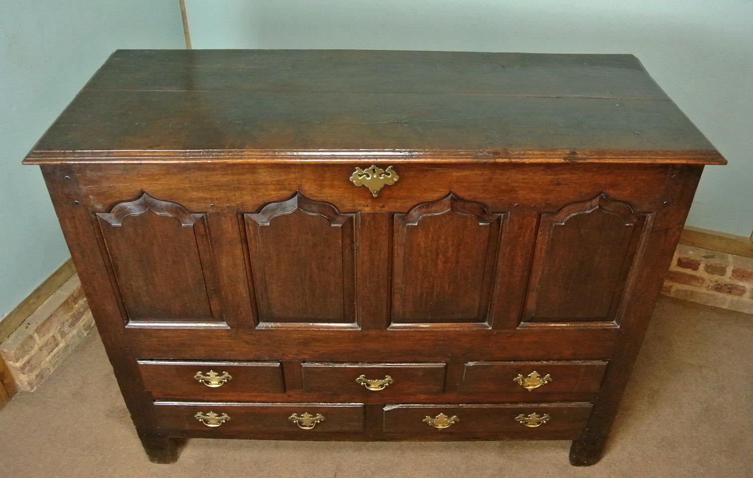 18th Century and Earlier Impressive and Beautiful George II Welsh Oak Mule Chest with Original Brasses