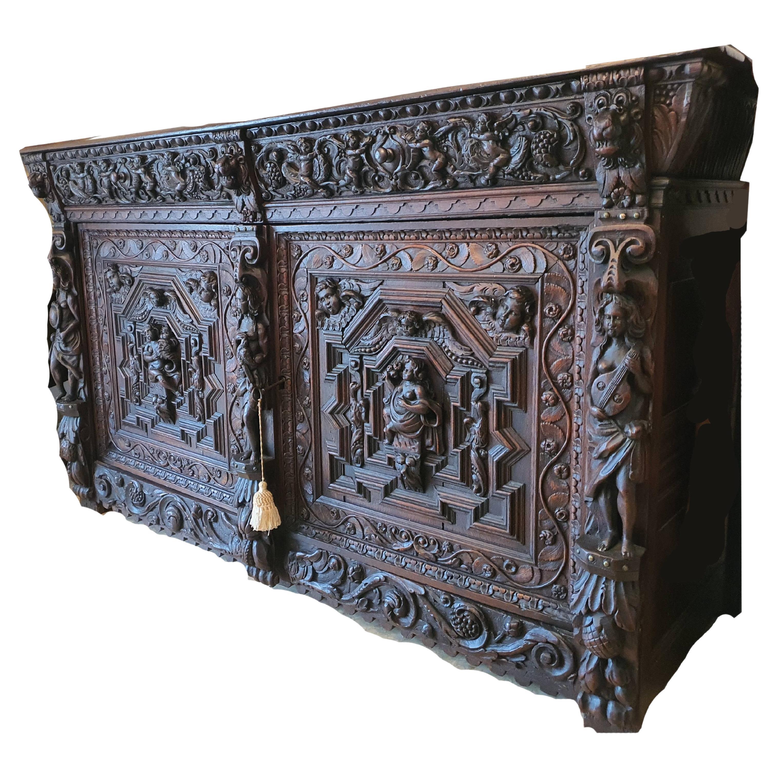Impressive and Finely Carved 17th Century Flemish Baroque Oak Buffet 