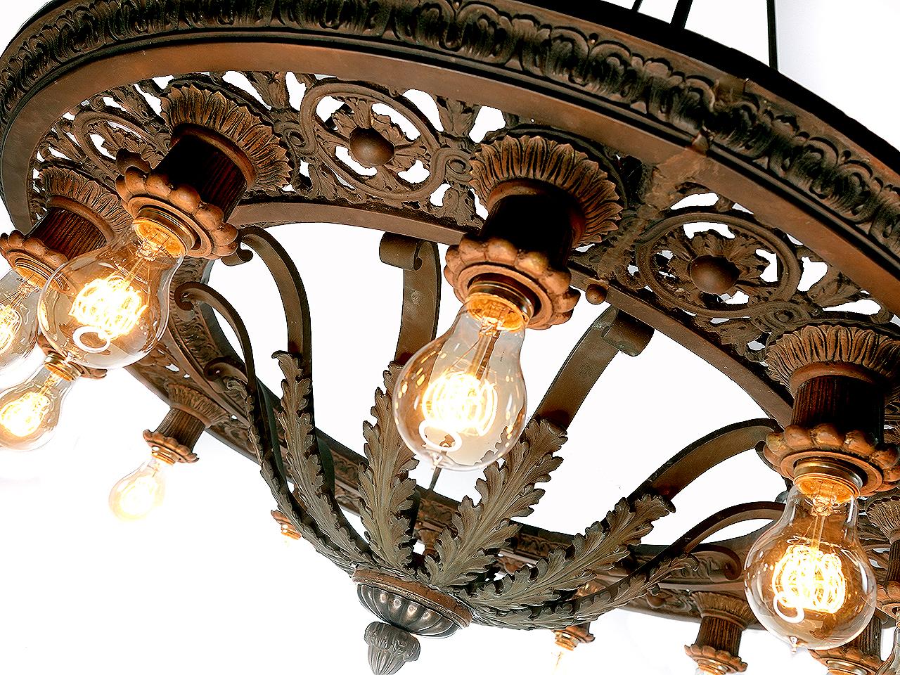 Classical Roman Impressive and Heavy Bronze Acanthus Leaf Theater Ring Chandelier -Matching Pair