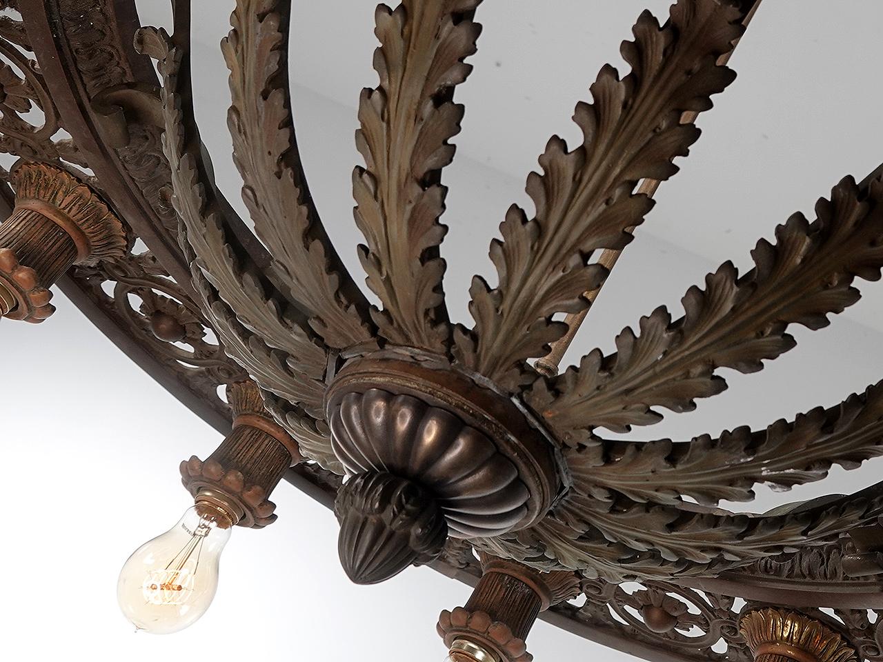 Cast Impressive and Heavy Bronze Acanthus Leaf Theater Ring Chandelier -Matching Pair