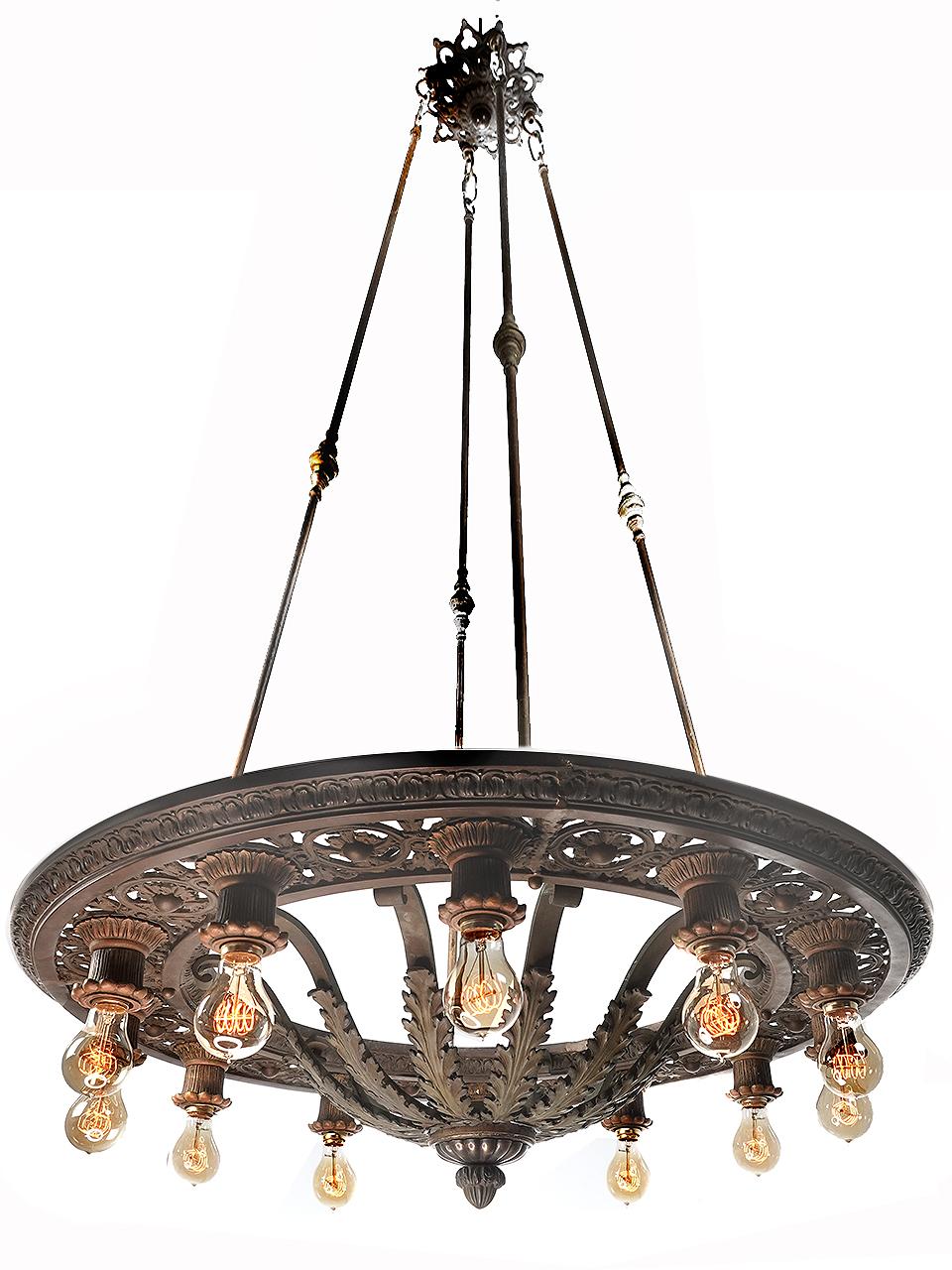 Impressive and Heavy Bronze Acanthus Leaf Theater Ring Chandelier -Matching Pair In Good Condition In Peekskill, NY