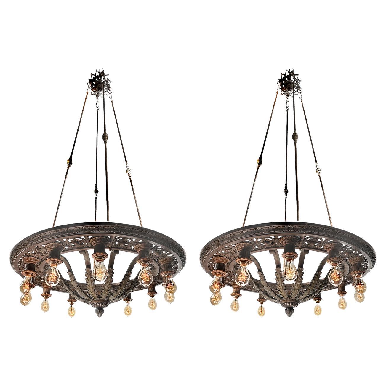 Impressive and Heavy Bronze Acanthus Leaf Theater Ring Chandelier -Matching Pair