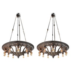 Impressive and Heavy Bronze Acanthus Leaf Theater Ring Chandelier -Matching Pair
