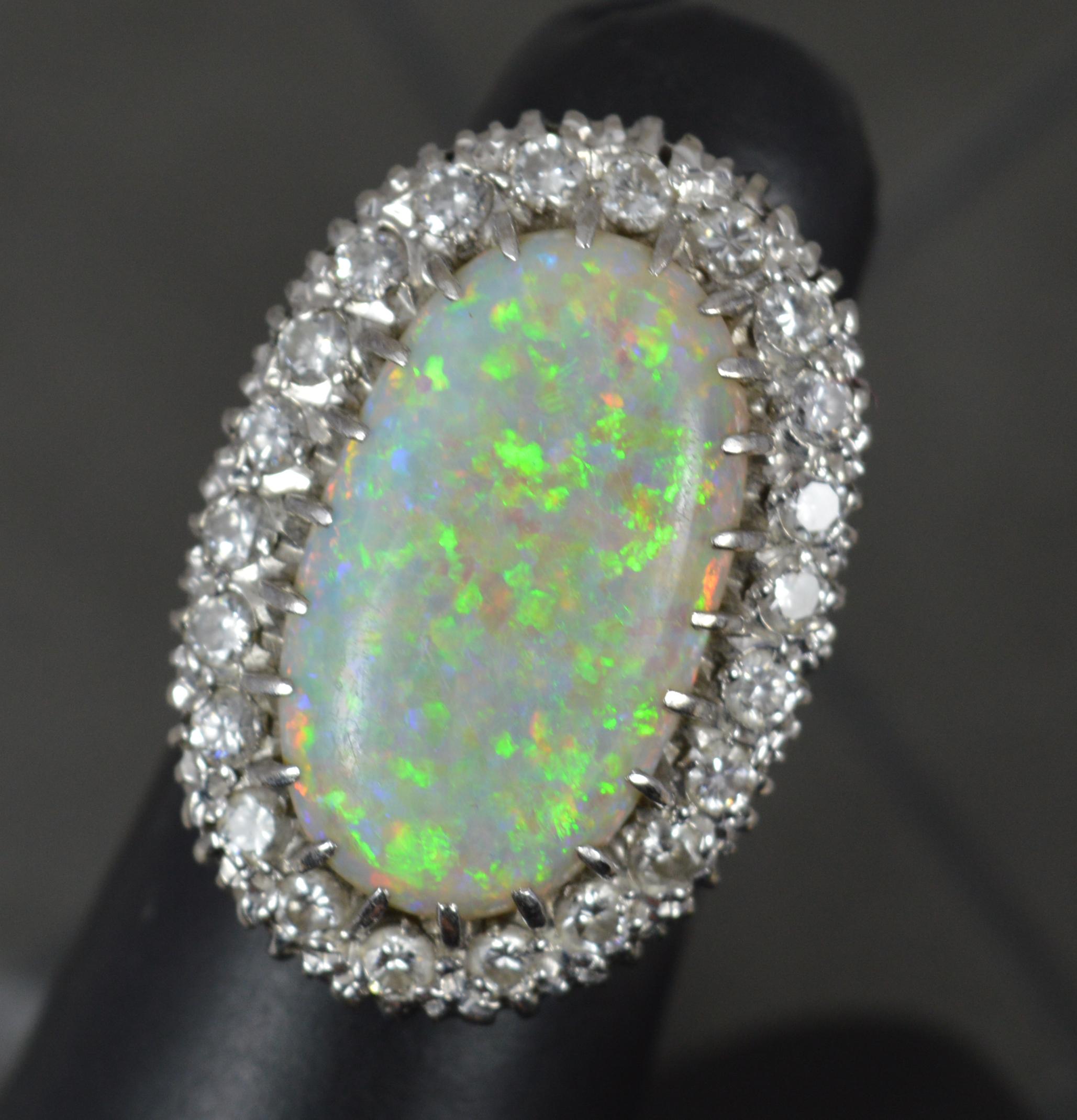 Impressive and Huge Natural Opal and Diamond 18ct Gold Cluster Cocktail Ring 10