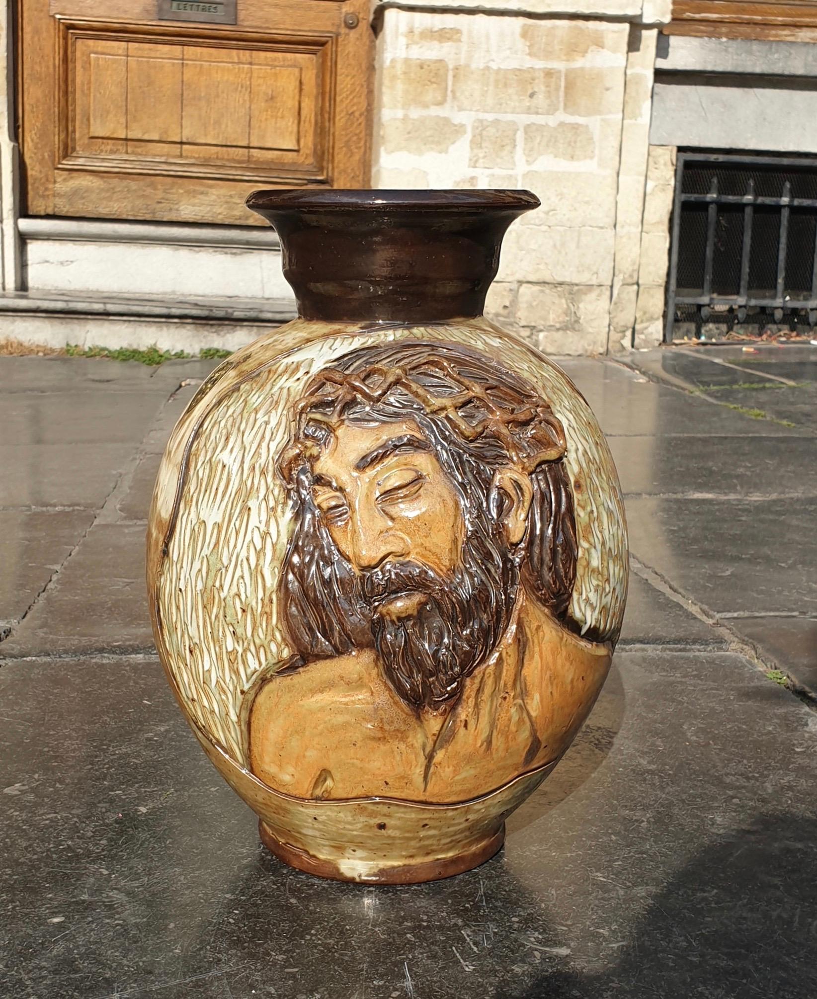 Glazed Ceramic Vase of  Christ by Losson Belgium For Sale