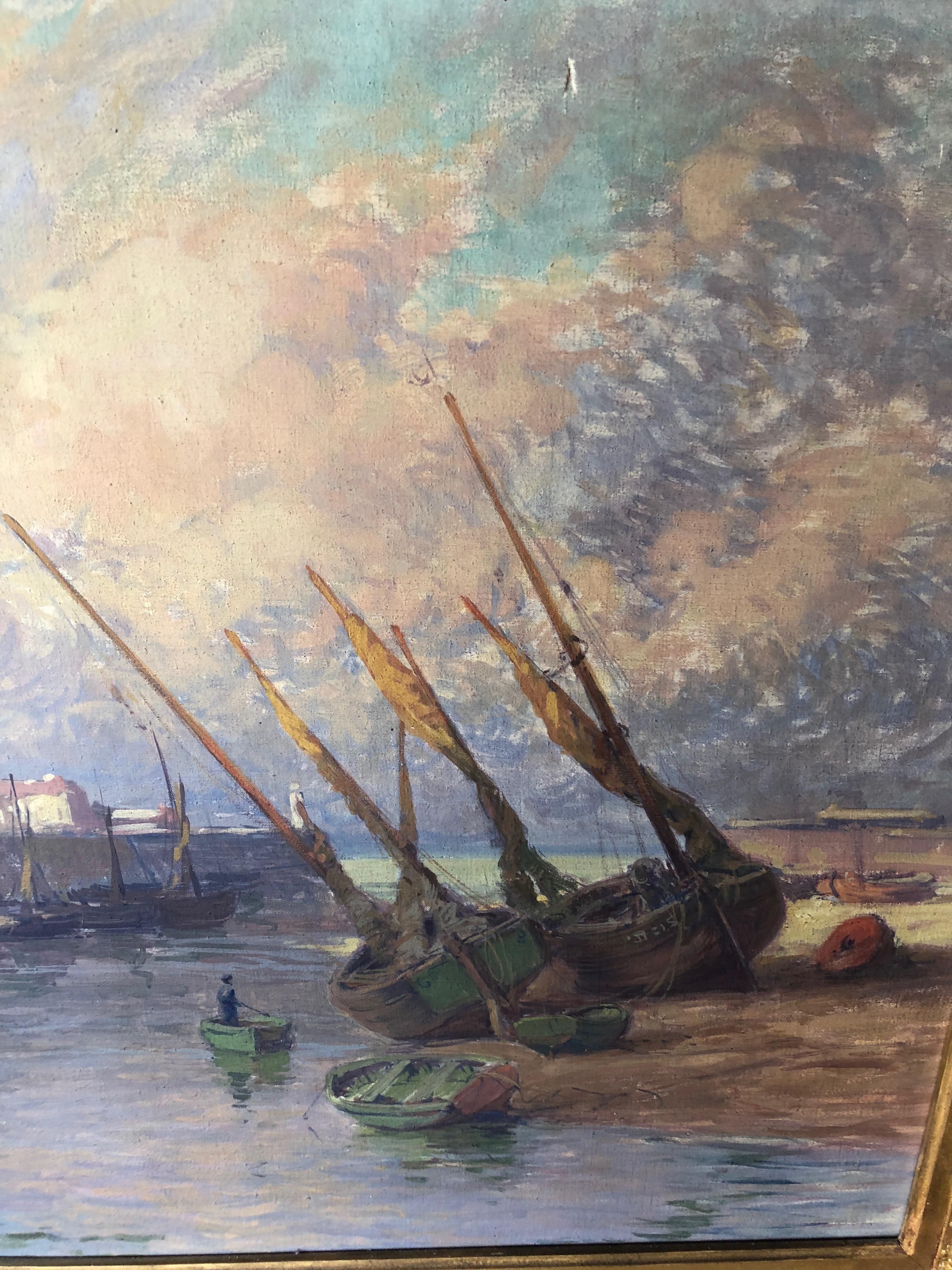 Early 20th Century Impressive Large Original French Ship Painting by Rene Charles Louis Debraux For Sale