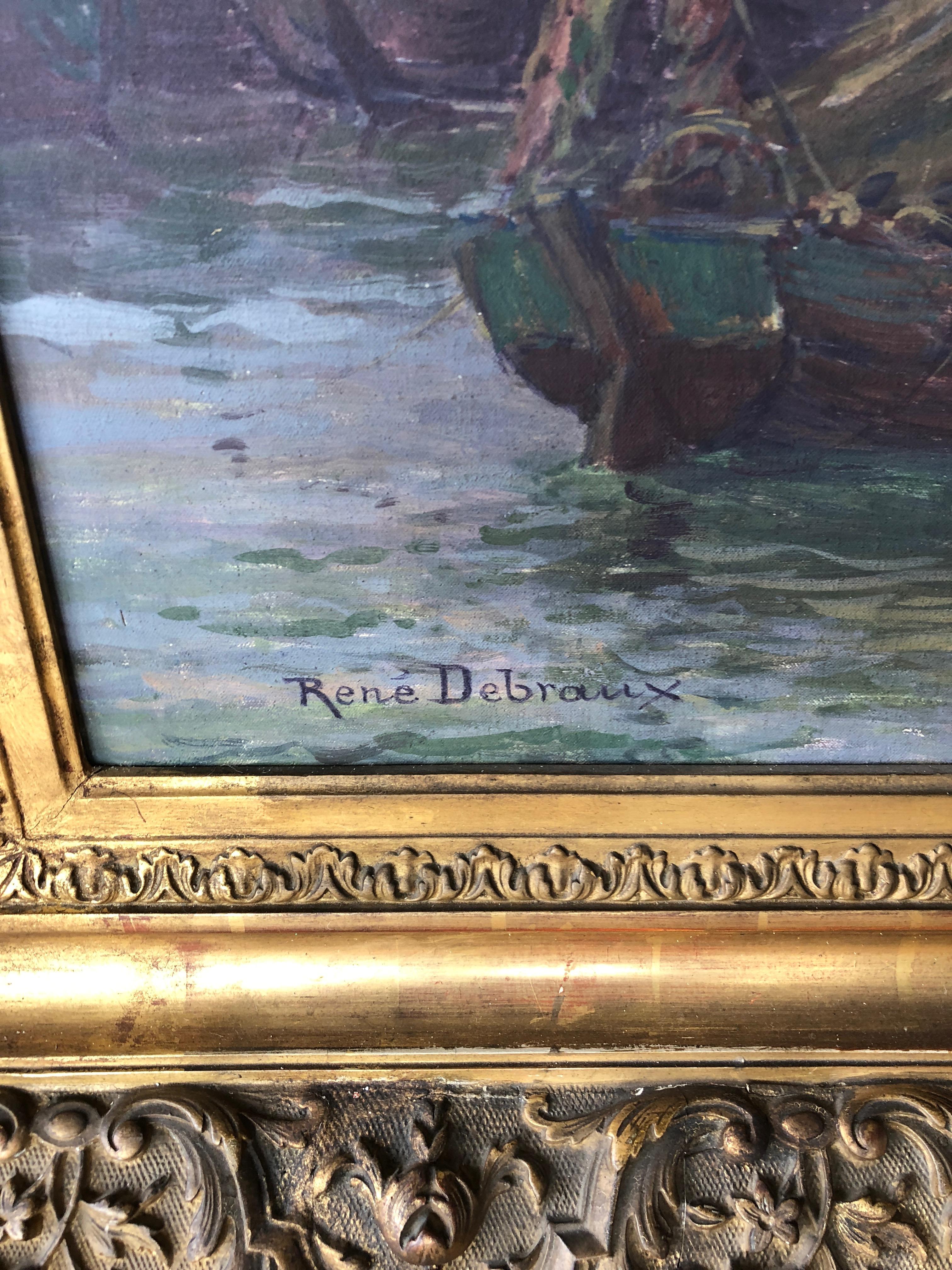 Français Impressionnante grande peinture de bateau originale française de Rene Charles Louis Debraux en vente