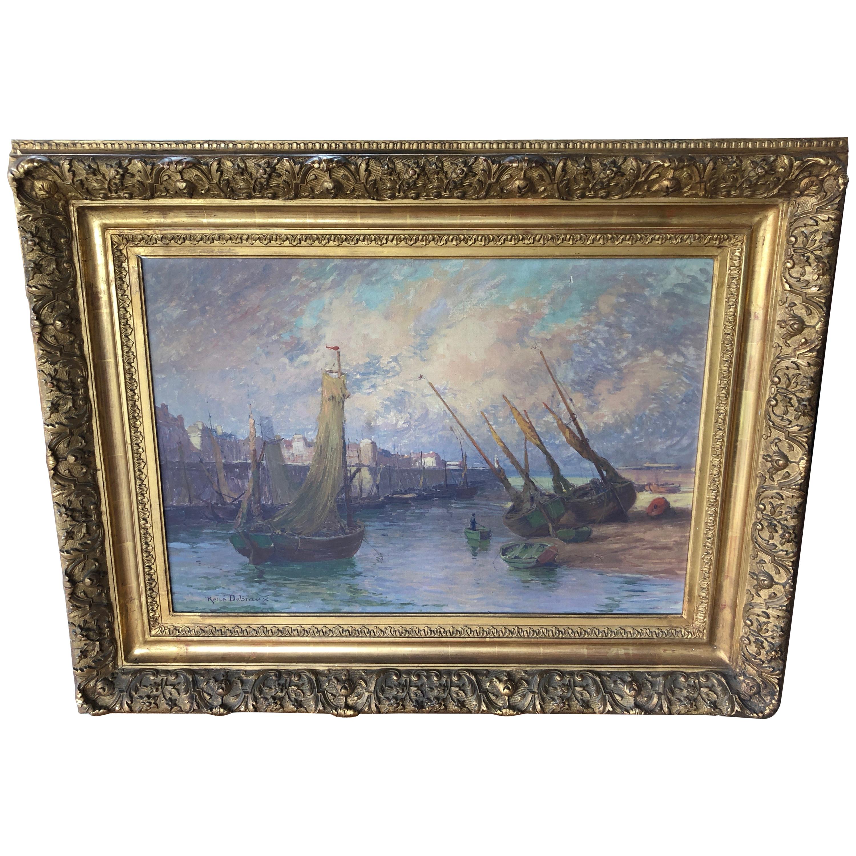 Impressionnante grande peinture de bateau originale française de Rene Charles Louis Debraux en vente