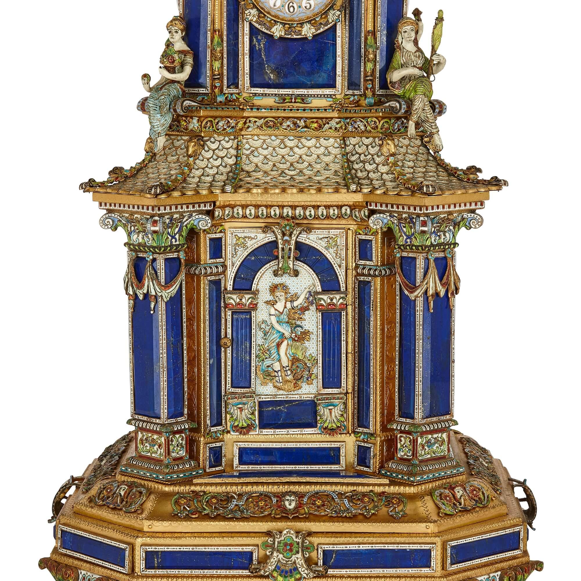 Impressive Antique Austrian Champlevé Enamel, Silver-Gilt and Lapis Lazuli Clock For Sale 5