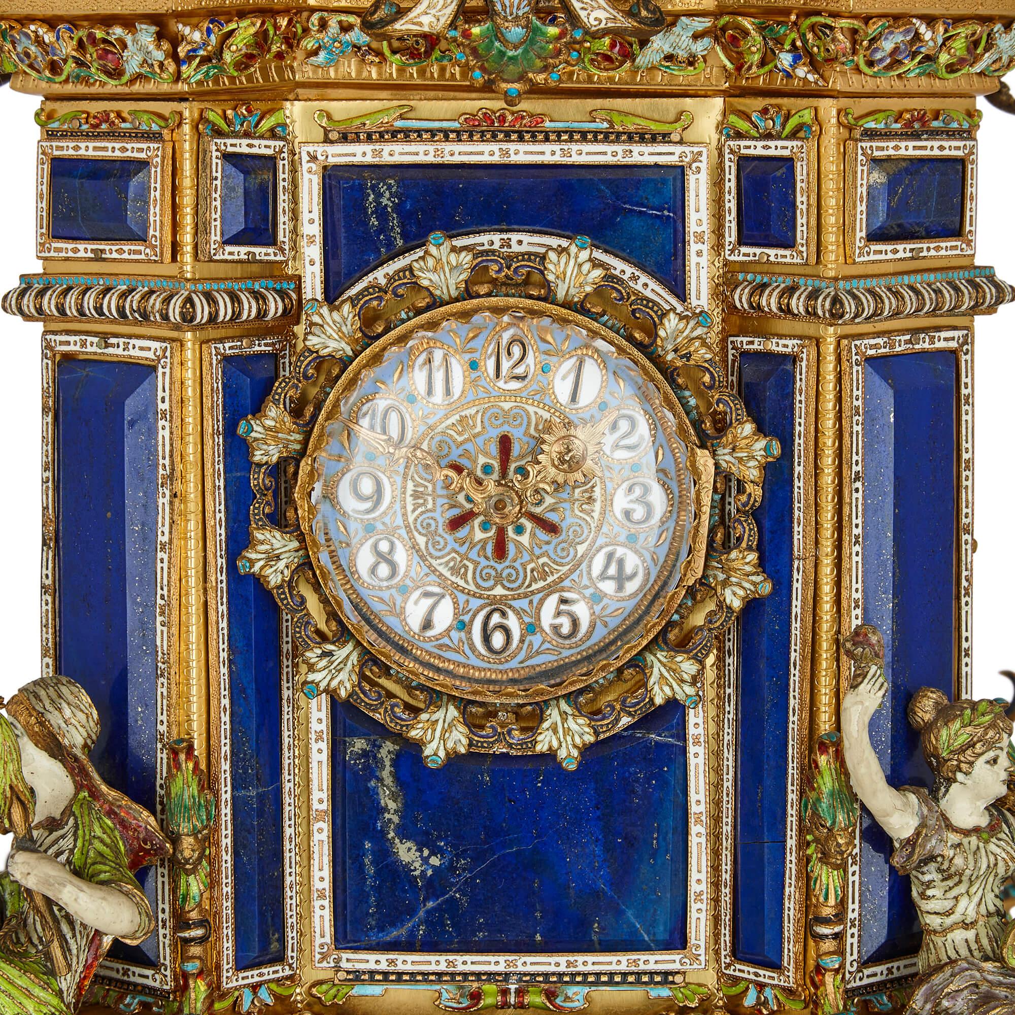 Impressive Antique Austrian Champlevé Enamel, Silver-Gilt and Lapis Lazuli Clock For Sale 6