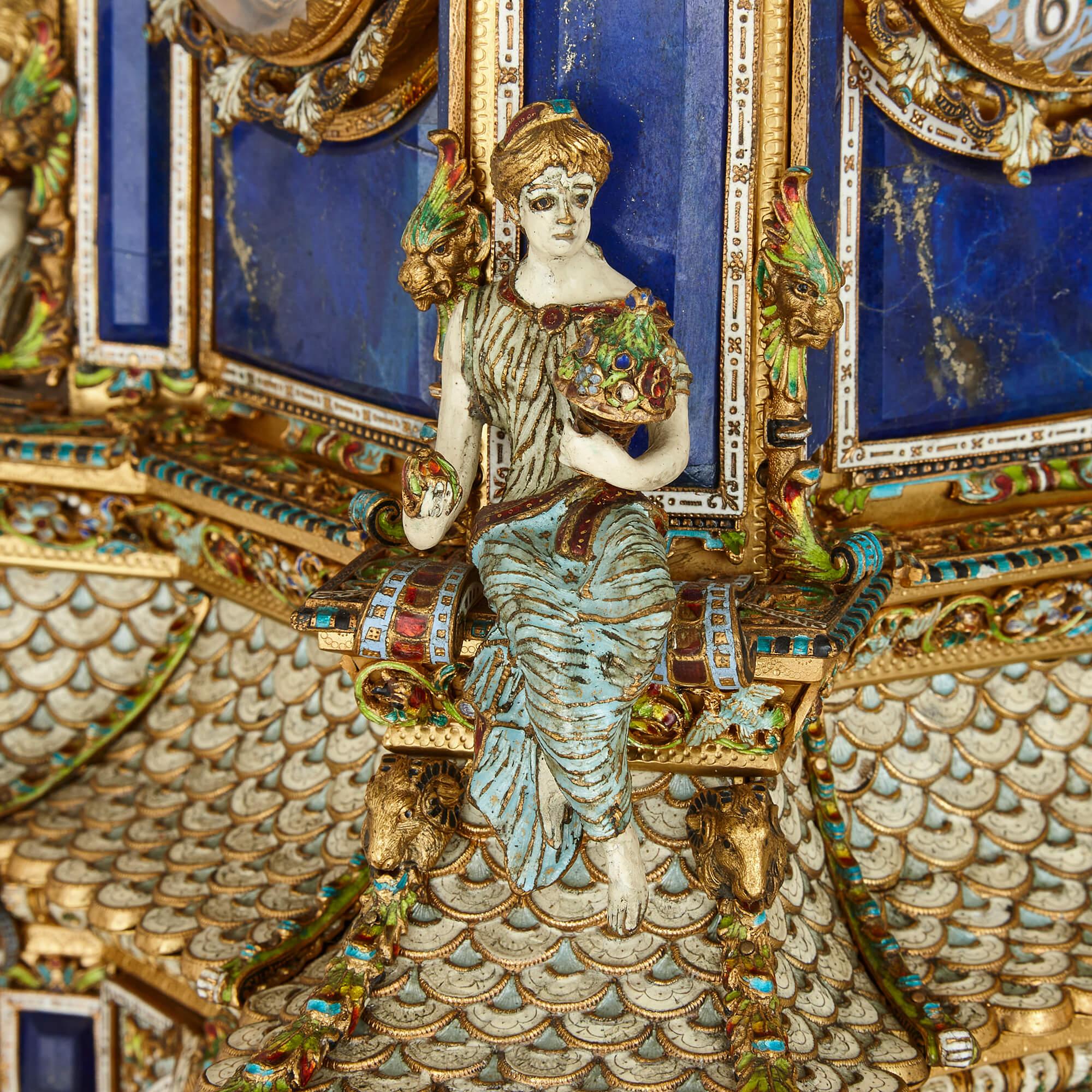 Impressive Antique Austrian Champlevé Enamel, Silver-Gilt and Lapis Lazuli Clock For Sale 8