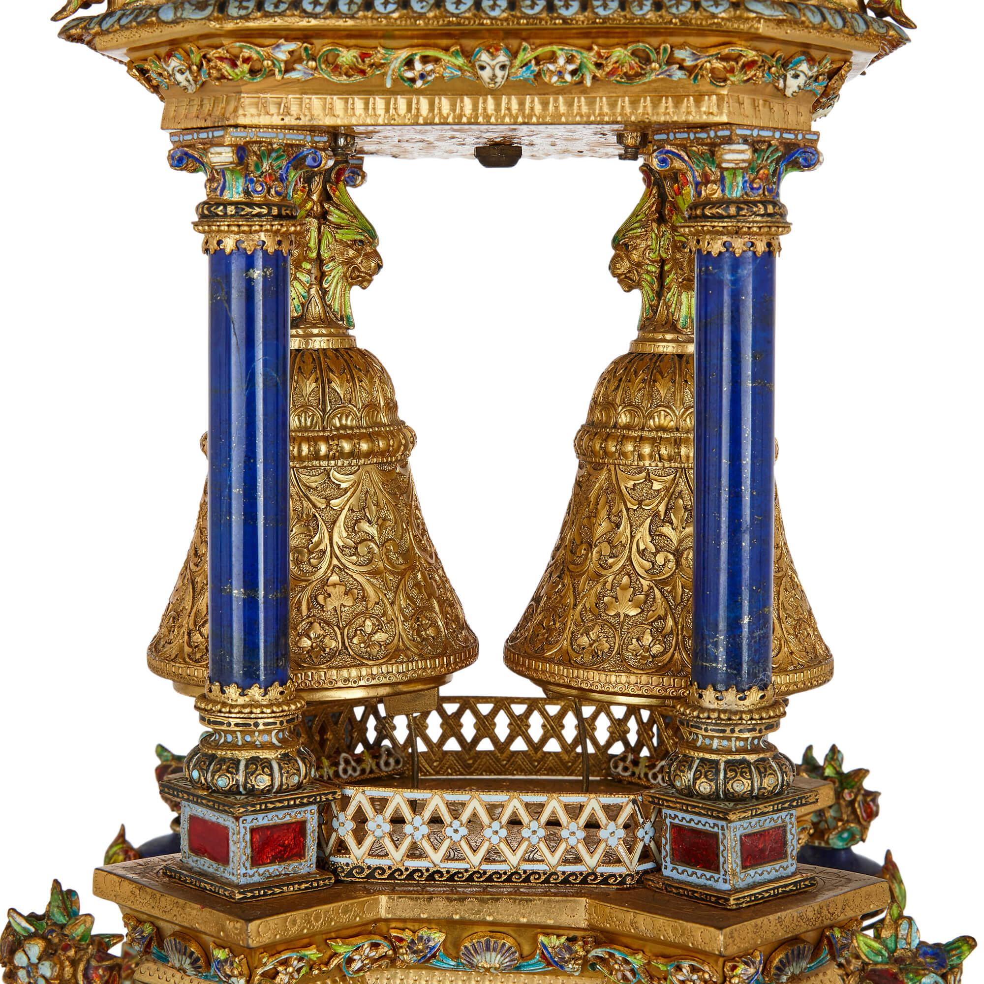 Beeindruckende antike österreichische Uhr mit Champlevé-Email, Silbervergoldung und Lapislazuli im Angebot 11