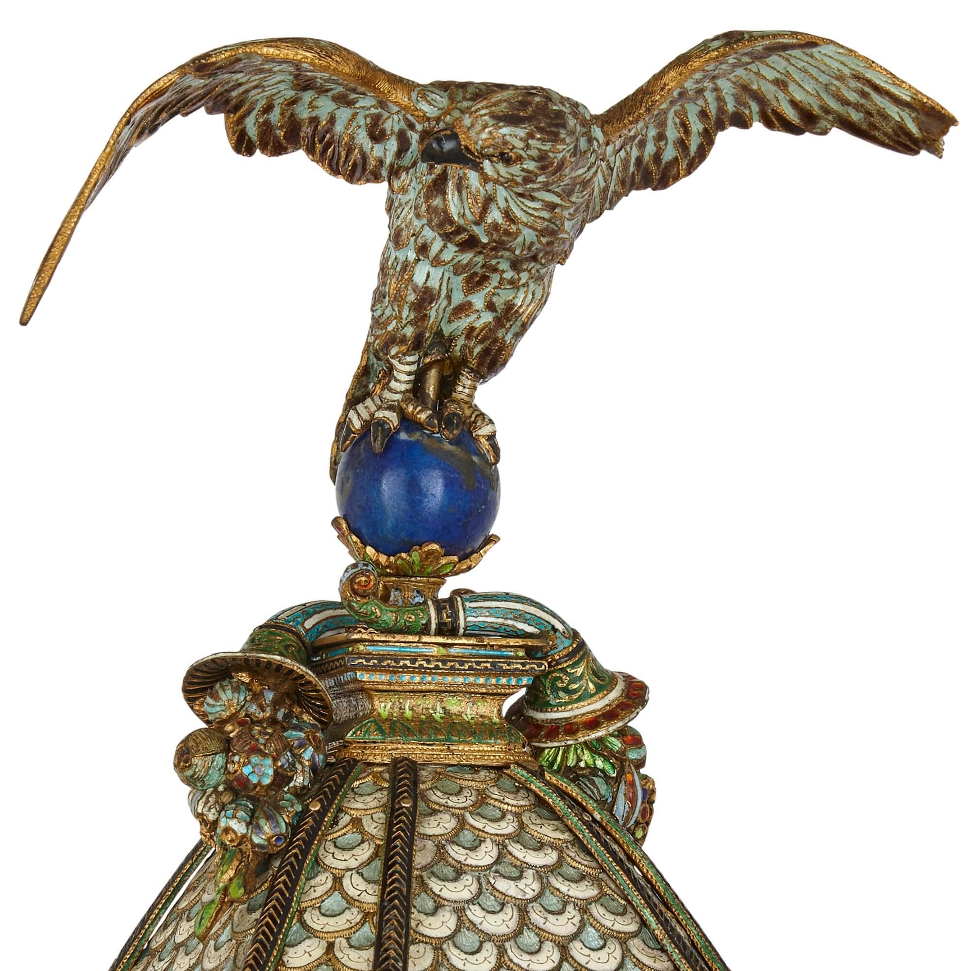 Impressive Antique Austrian Champlevé Enamel, Silver-Gilt and Lapis Lazuli Clock For Sale 14