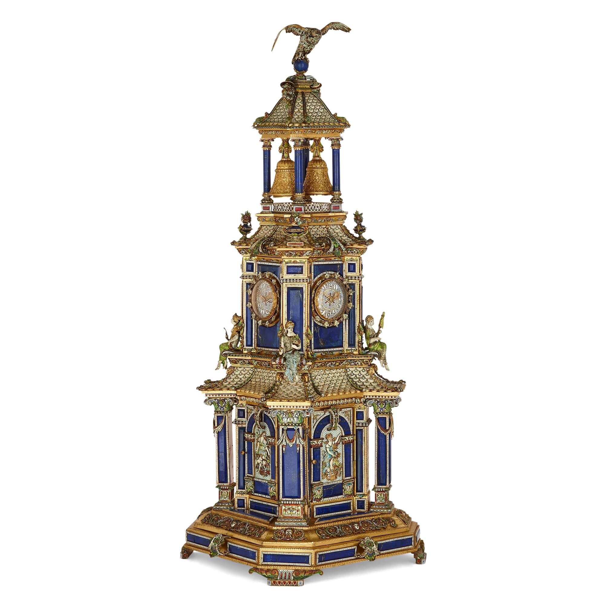 Hand-Carved Impressive Antique Austrian Champlevé Enamel, Silver-Gilt and Lapis Lazuli Clock For Sale