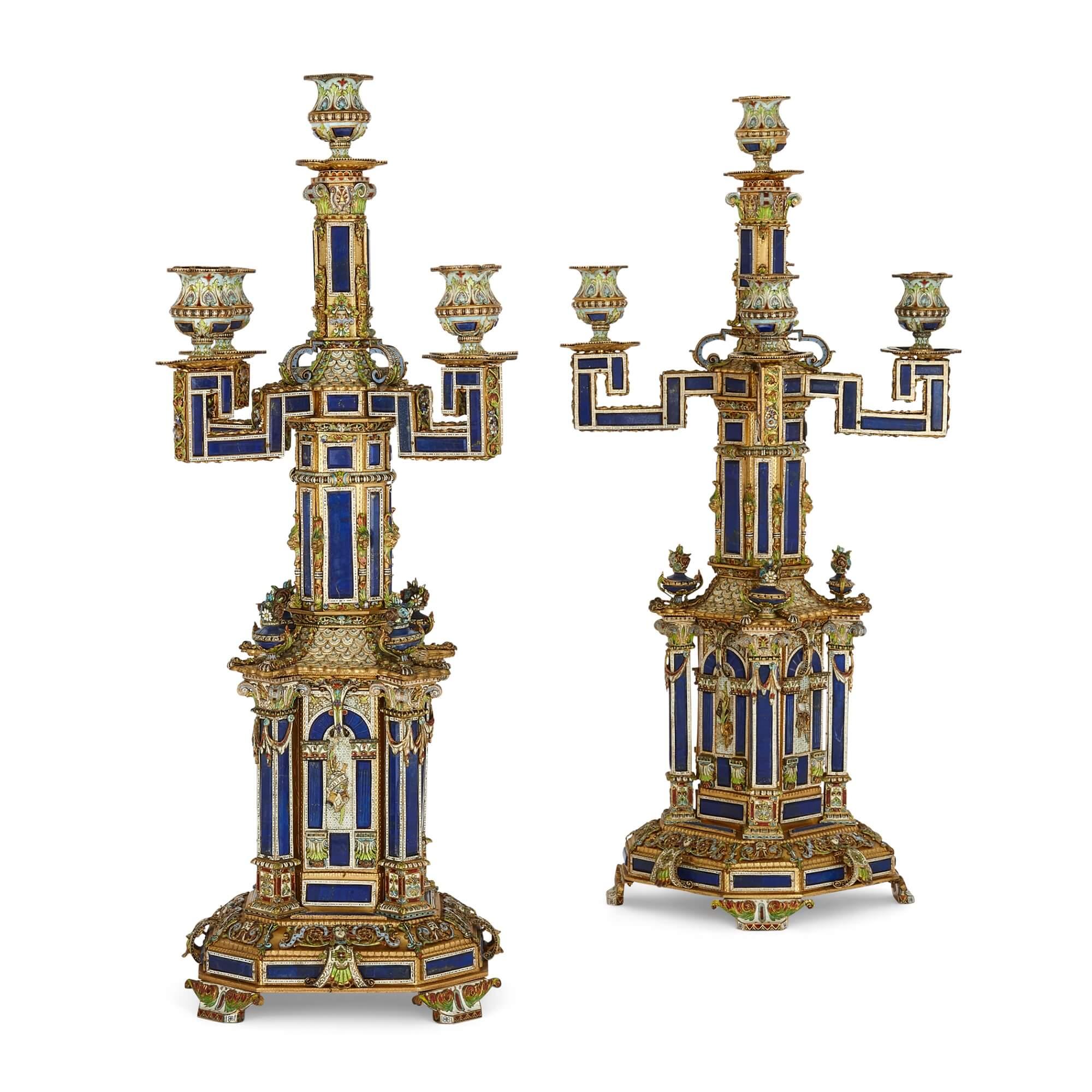 19th Century Impressive Antique Austrian Champlevé Enamel, Silver-Gilt and Lapis Lazuli Clock For Sale