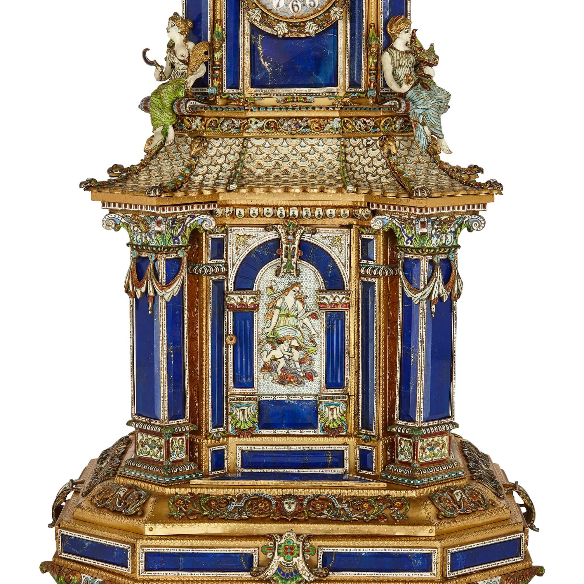 Impressive Antique Austrian Champlevé Enamel, Silver-Gilt and Lapis Lazuli Clock For Sale 2