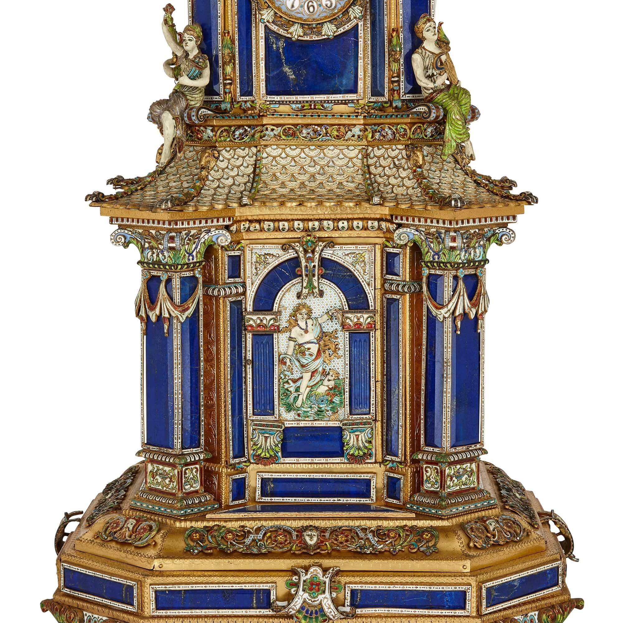 Impressive Antique Austrian Champlevé Enamel, Silver-Gilt and Lapis Lazuli Clock For Sale 3